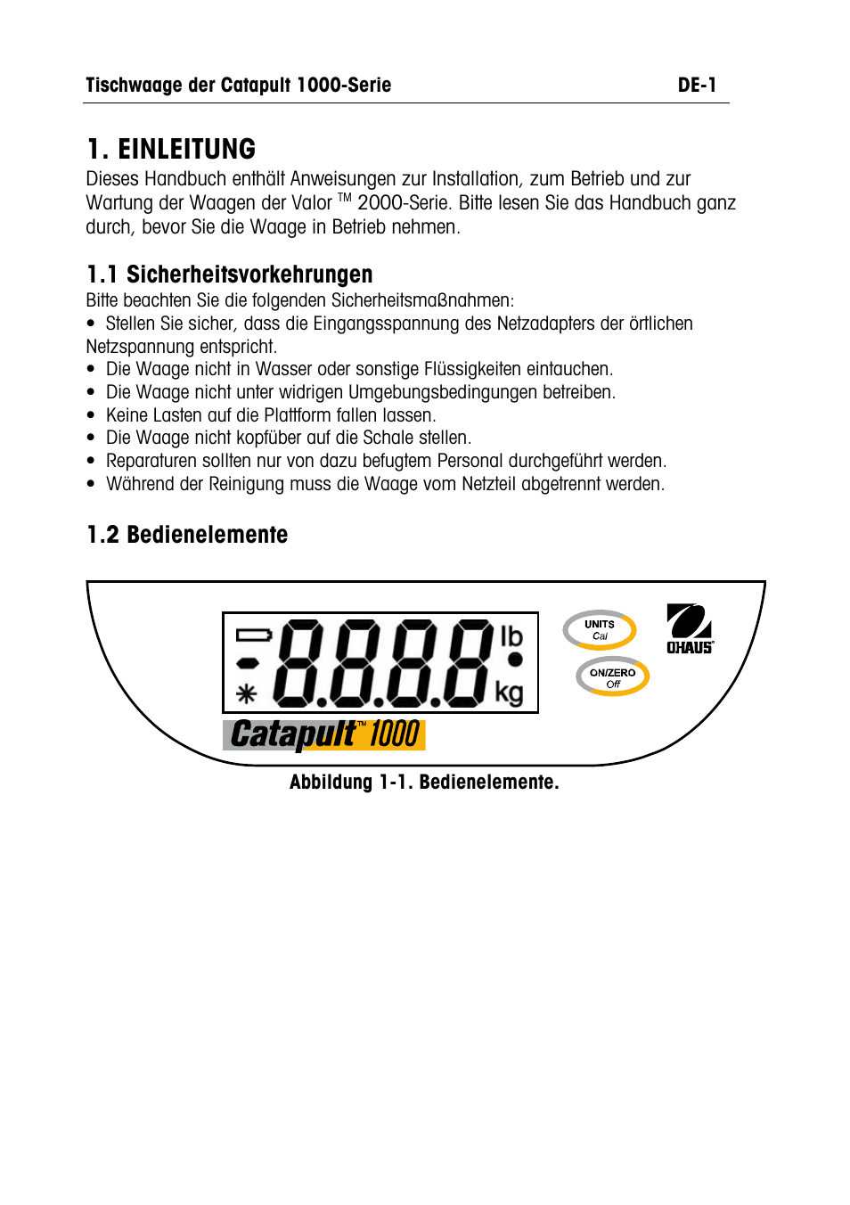 Catapult 1000 manual text- de.pdf, Einleitung, 1 sicherheitsvorkehrungen | 2 bedienelemente | Ohaus CATAPULT 1000 SCALES Manual multi User Manual | Page 39 / 64