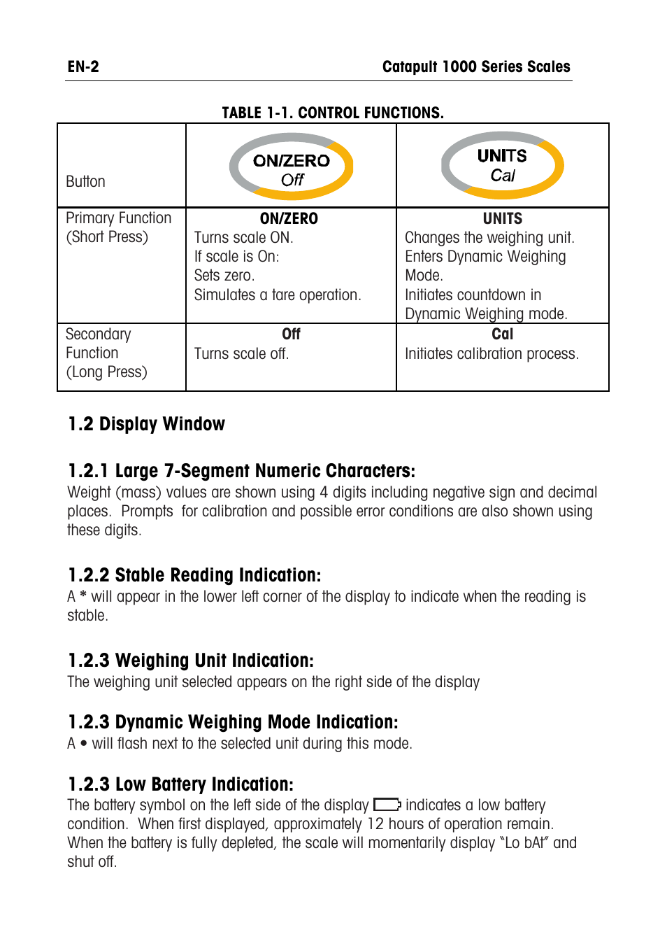 2 stable reading indication, 3 weighing unit indication, 3 dynamic weighing mode indication | 3 low battery indication | Ohaus CATAPULT 1000 SCALES Manual multi User Manual | Page 4 / 64