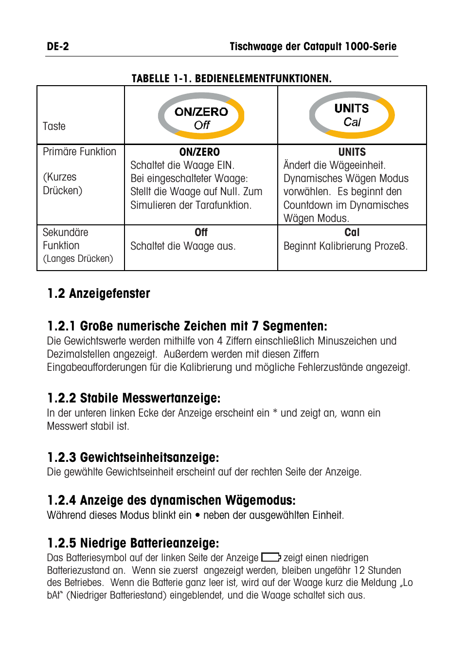 2 stabile messwertanzeige, 3 gewichtseinheitsanzeige, 4 anzeige des dynamischen wägemodus | 5 niedrige batterieanzeige | Ohaus CATAPULT 1000 SCALES Manual multi User Manual | Page 40 / 64