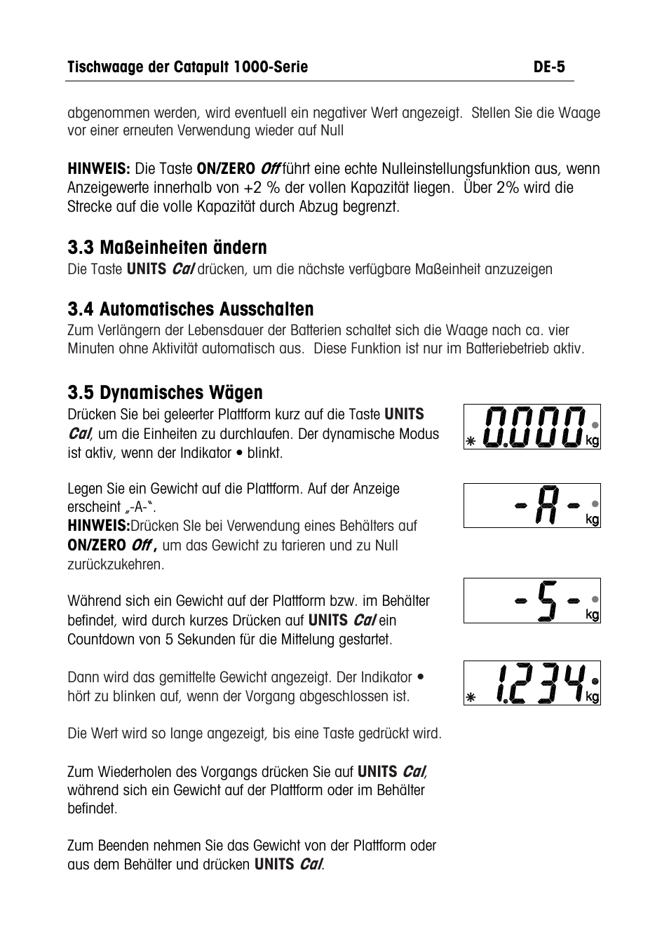 3 maßeinheiten ändern, 4 automatisches ausschalten, 5 dynamisches wägen | Ohaus CATAPULT 1000 SCALES Manual multi User Manual | Page 43 / 64