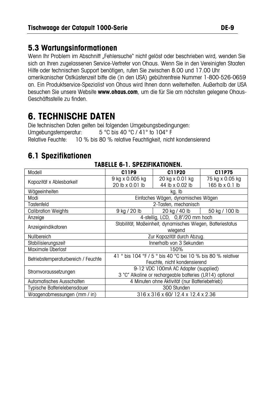 Technische daten, 3 wartungsinformationen, 1 spezifikationen | Ohaus CATAPULT 1000 SCALES Manual multi User Manual | Page 47 / 64