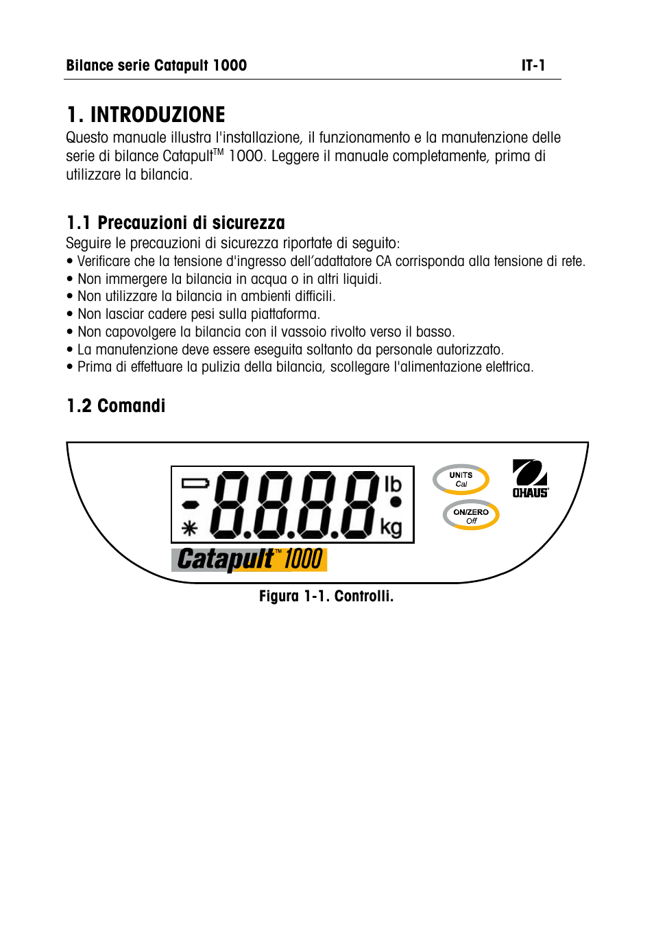 Catapult 1000 manual text- it.pdf, Introduzione, 1 precauzioni di sicurezza | 2 comandi | Ohaus CATAPULT 1000 SCALES Manual multi User Manual | Page 51 / 64