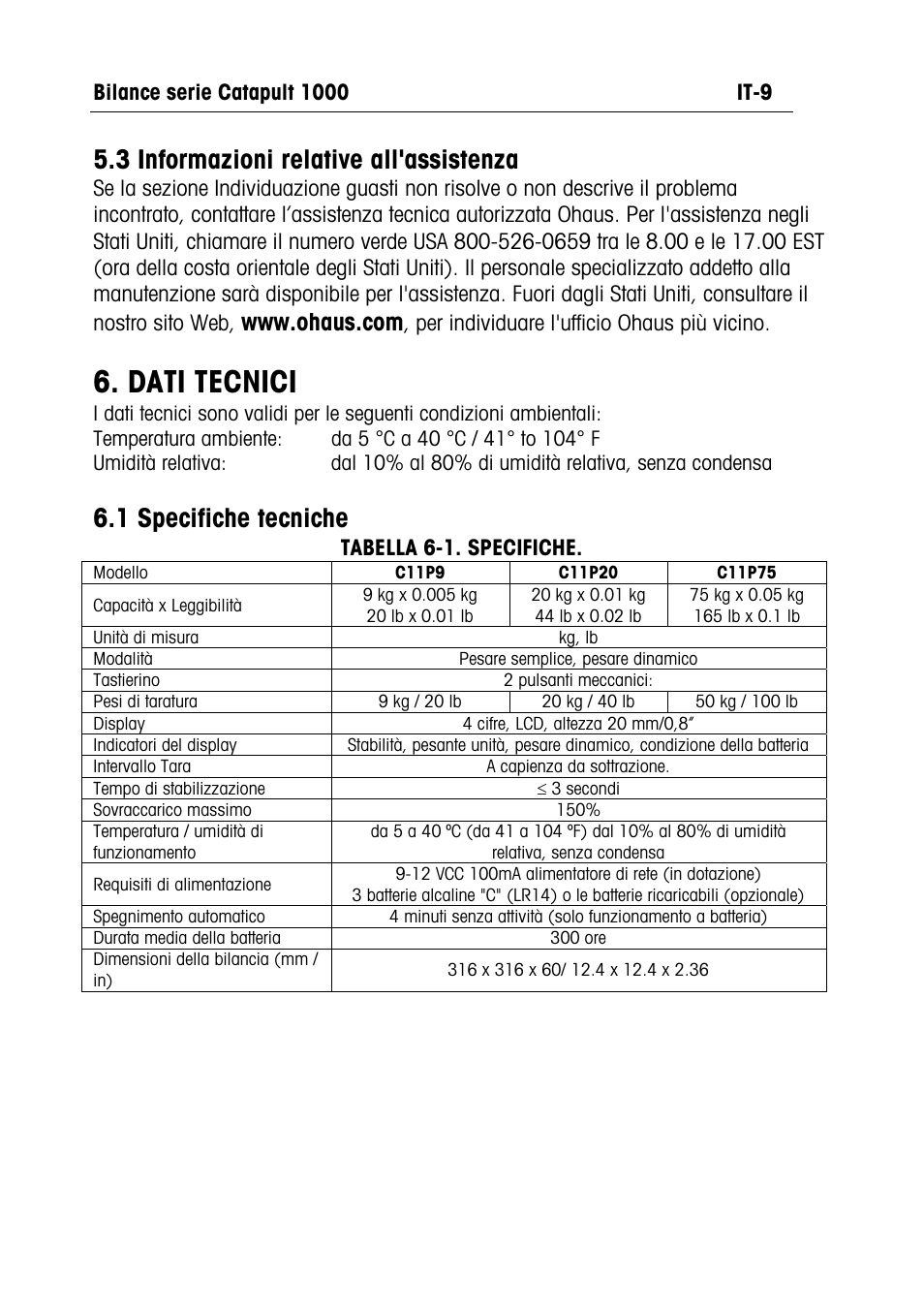 Dati tecnici, 3 informazioni relative all'assistenza, 1 specifiche tecniche | Ohaus CATAPULT 1000 SCALES Manual multi User Manual | Page 59 / 64