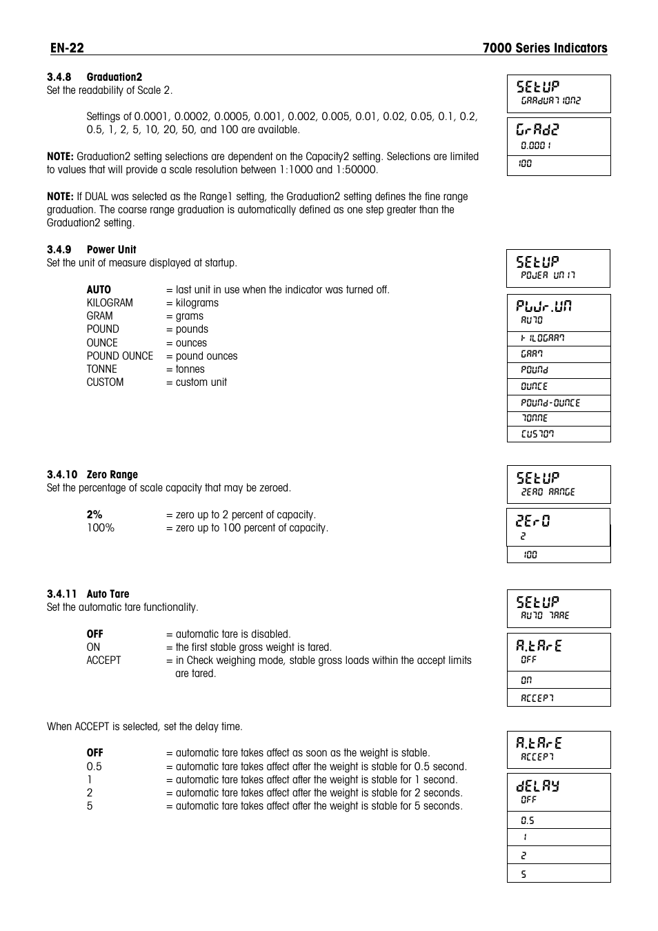 Setup, A.tare, Grad2 | Pwwr.un, Zero, Delay | Ohaus DEFENDER 7000 BENCH SCALES Manual en User Manual | Page 24 / 78