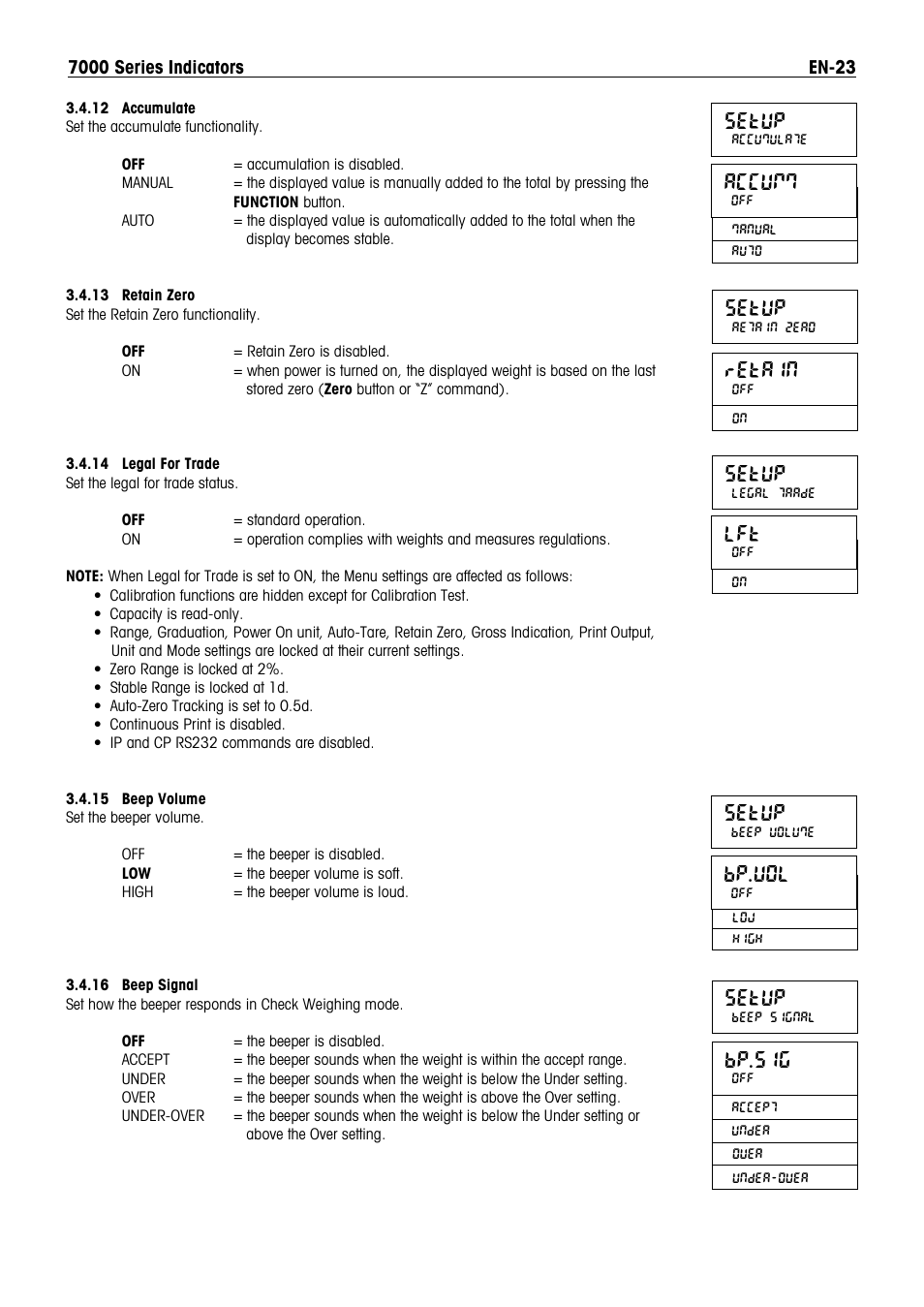 Setup, Accumm, Retain | Bp.sig, Bp.vol | Ohaus DEFENDER 7000 BENCH SCALES Manual en User Manual | Page 25 / 78