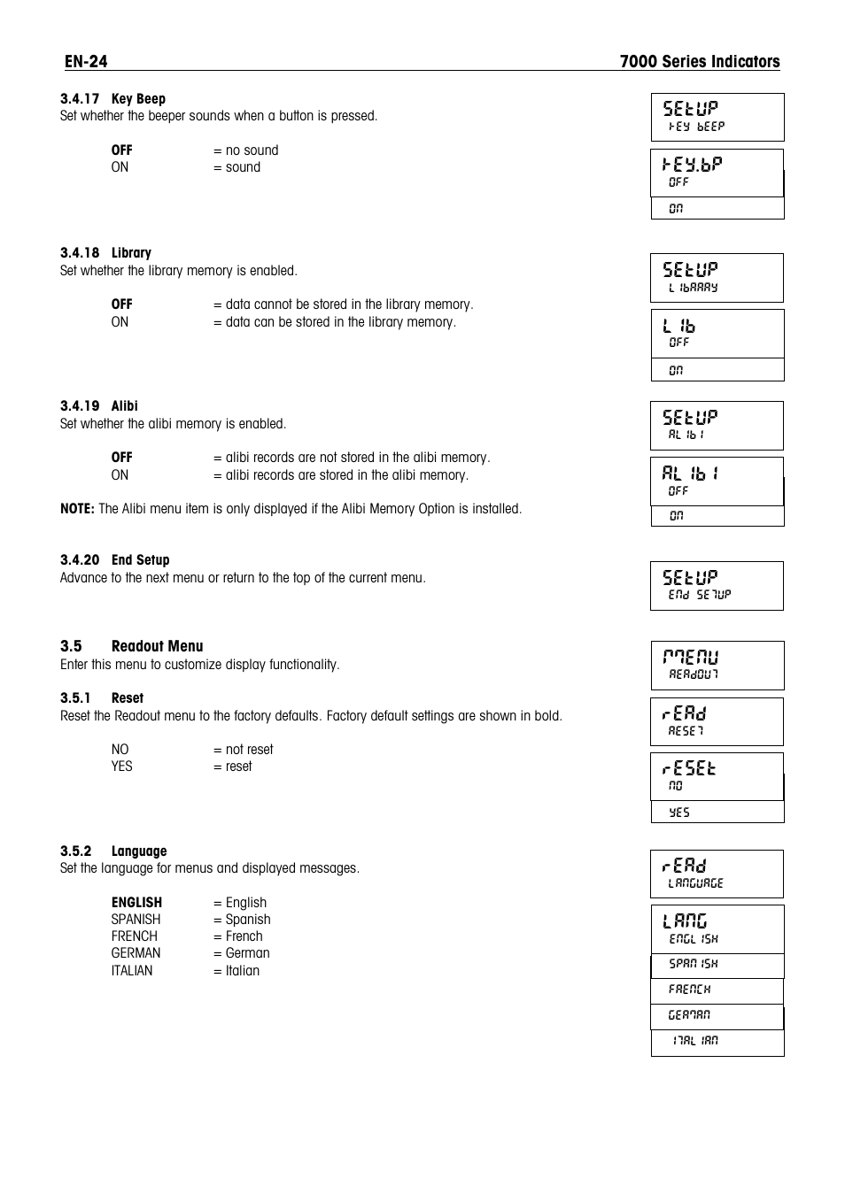Setup, Mmenu, Read | Reset, Lang, Key.bp, Alibi | Ohaus DEFENDER 7000 BENCH SCALES Manual en User Manual | Page 26 / 78