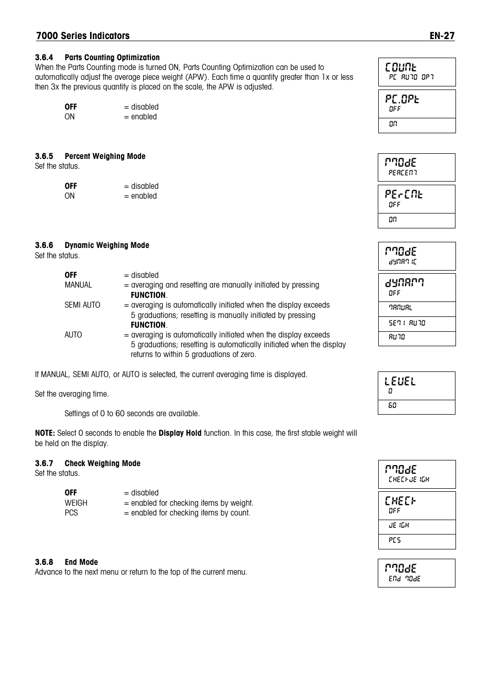 Count, Pc.opt, Mmode | Percnt, Dynamm, Level, Check | Ohaus DEFENDER 7000 BENCH SCALES Manual en User Manual | Page 29 / 78