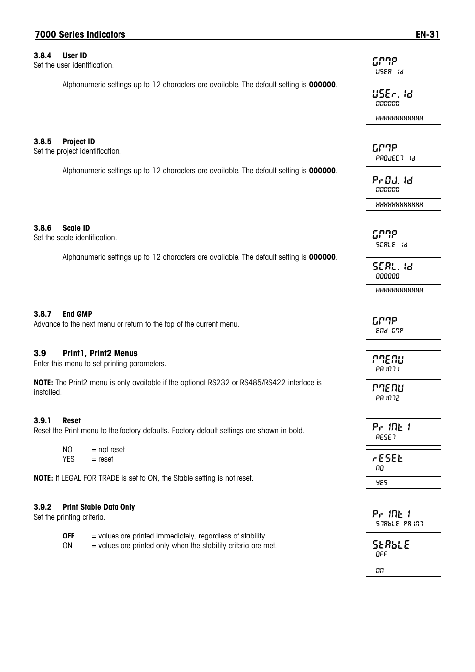 Gmmp, Mmenu, Print1 | Reset, Stable, User.id, Proj.id, Scal.id | Ohaus DEFENDER 7000 BENCH SCALES Manual en User Manual | Page 33 / 78