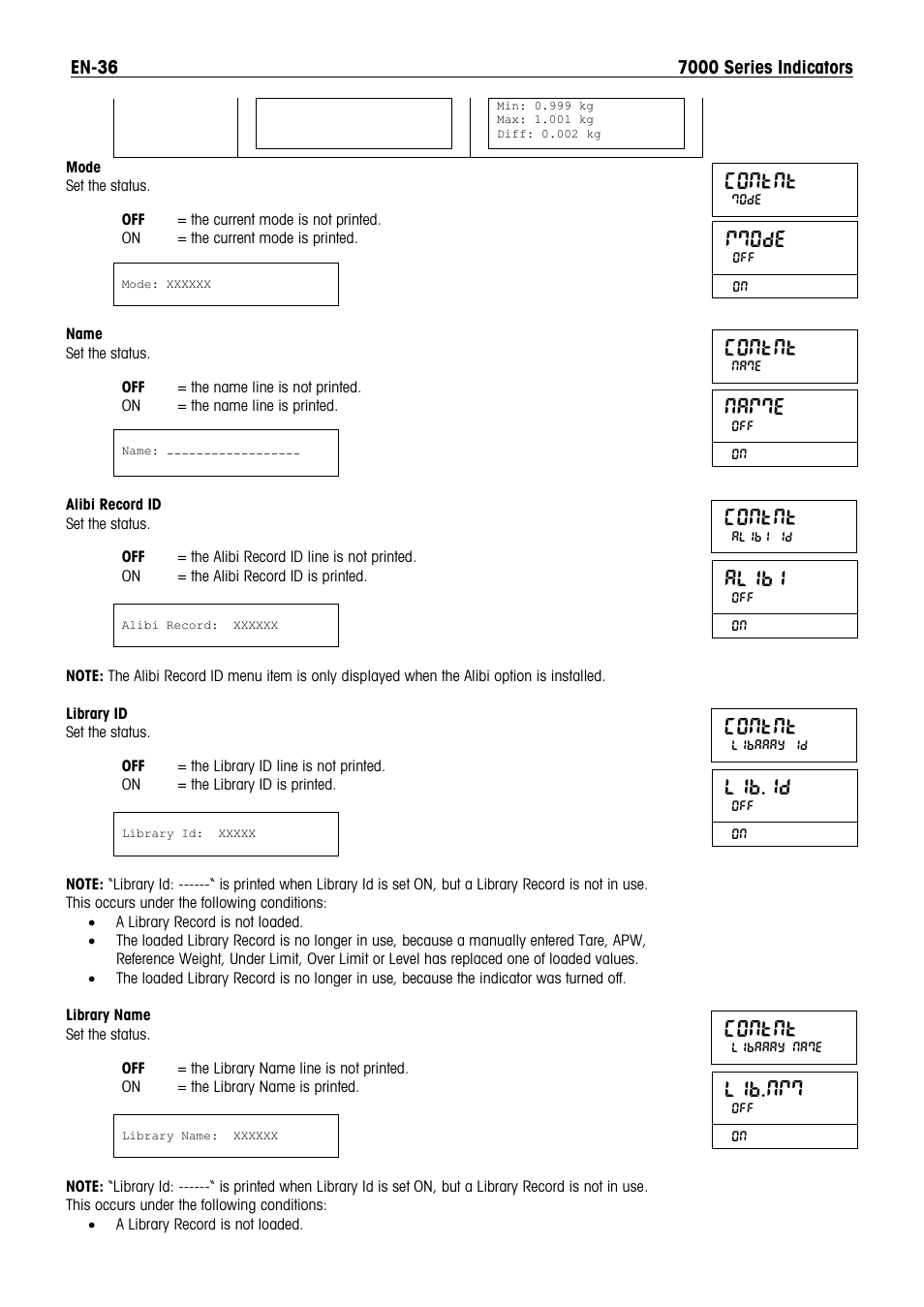 Alibi, Contnt, Mmode | Namme, Lib.id, Lib.nmm | Ohaus DEFENDER 7000 BENCH SCALES Manual en User Manual | Page 38 / 78