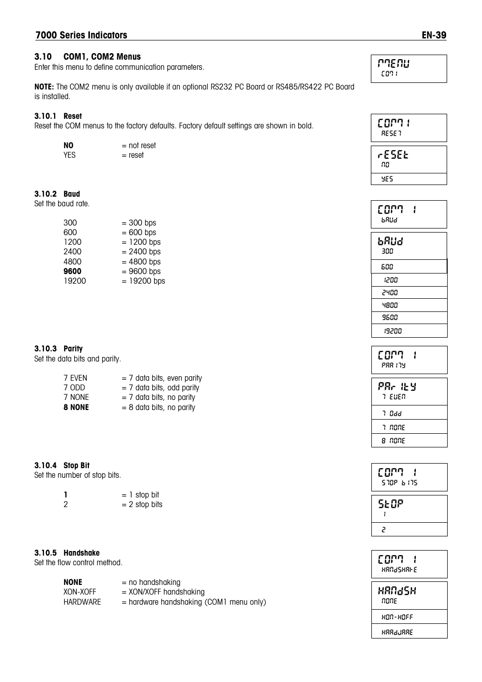 Comm 1, Baud, Parity | Stop, Handsh, Mmenu, Comm1, Reset | Ohaus DEFENDER 7000 BENCH SCALES Manual en User Manual | Page 41 / 78