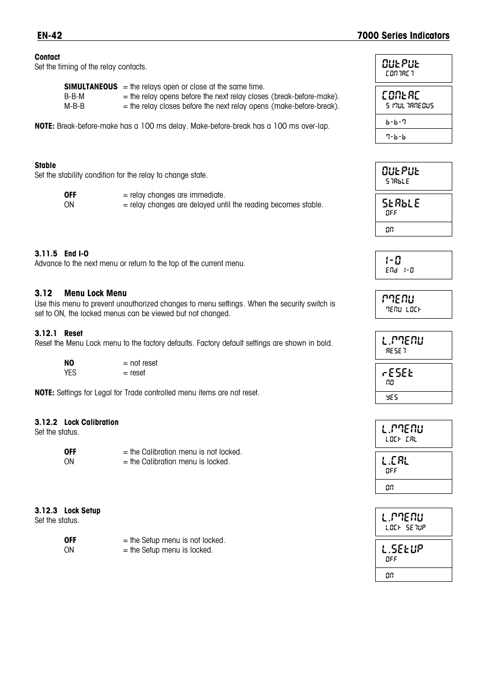 Output, Contac, Stable | Mmenu, L.mmenu, Reset, L.cal, L.setup | Ohaus DEFENDER 7000 BENCH SCALES Manual en User Manual | Page 44 / 78