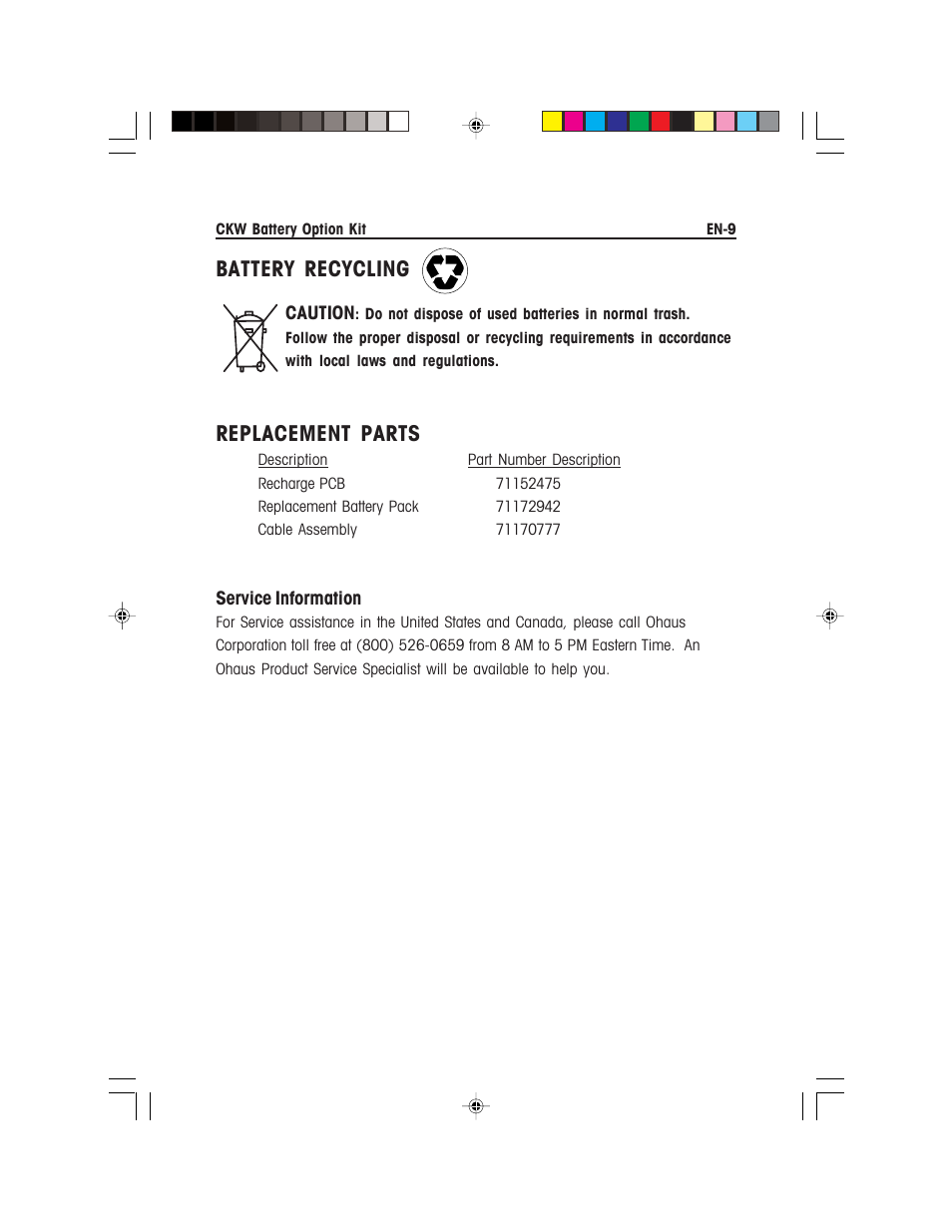 Battery recycling, Replacement parts | Ohaus CKW WASHDOWN CHECKWEIGHING SCALES_INDICATOR Battery Option Kit Manual multi User Manual | Page 11 / 48