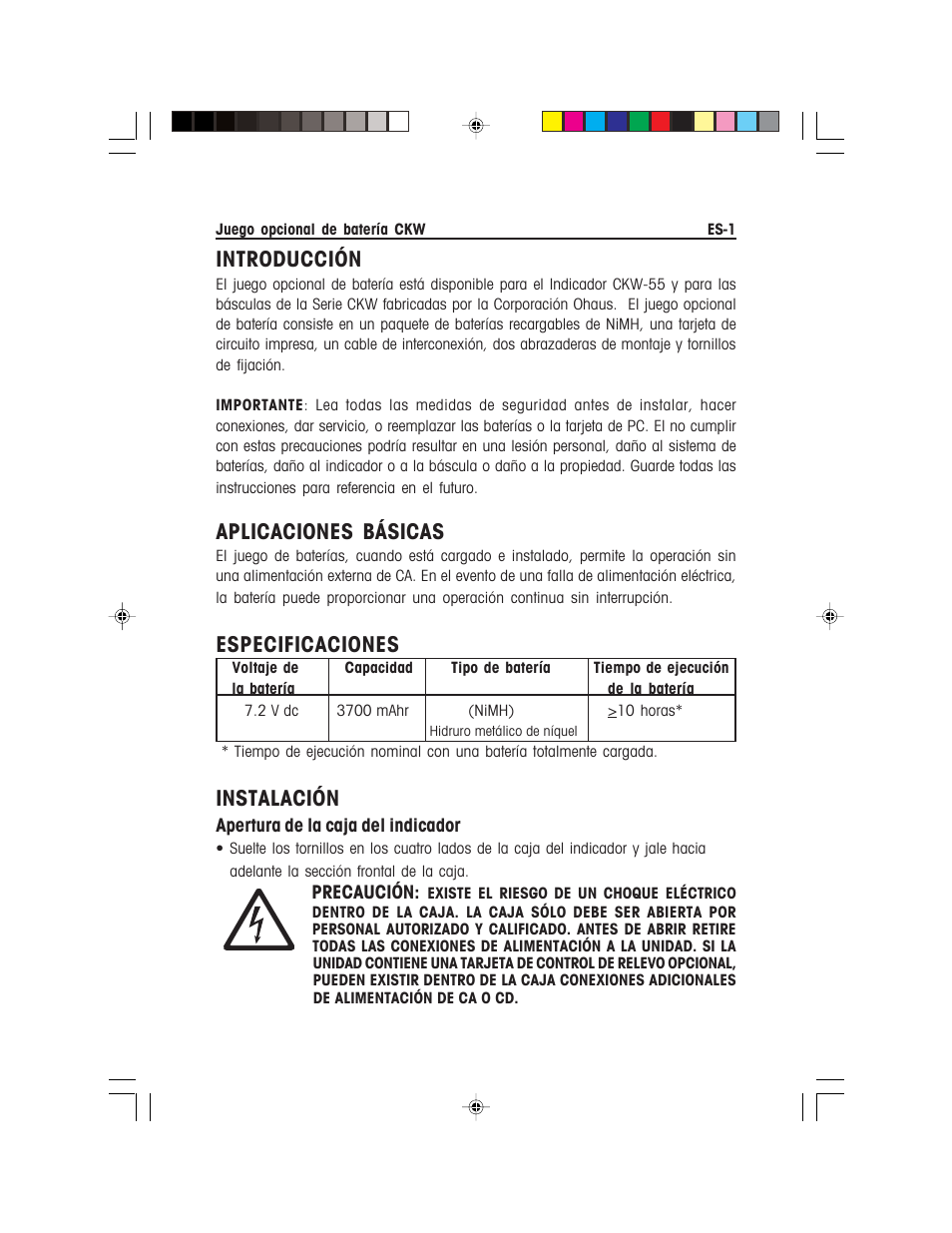 Introducción, Aplicaciones básicas, Especificaciones | Instalación | Ohaus CKW WASHDOWN CHECKWEIGHING SCALES_INDICATOR Battery Option Kit Manual multi User Manual | Page 12 / 48