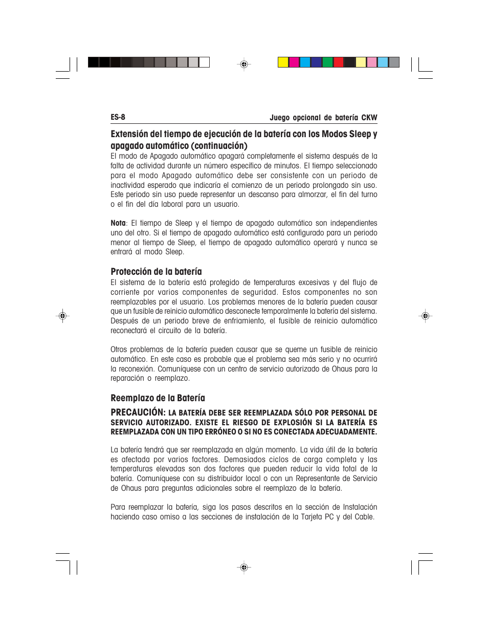 Protección de la batería, Reemplazo de la batería precaución | Ohaus CKW WASHDOWN CHECKWEIGHING SCALES_INDICATOR Battery Option Kit Manual multi User Manual | Page 19 / 48