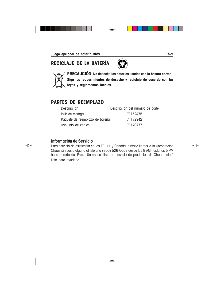 Reciclaje de la batería, Partes de reemplazo | Ohaus CKW WASHDOWN CHECKWEIGHING SCALES_INDICATOR Battery Option Kit Manual multi User Manual | Page 20 / 48