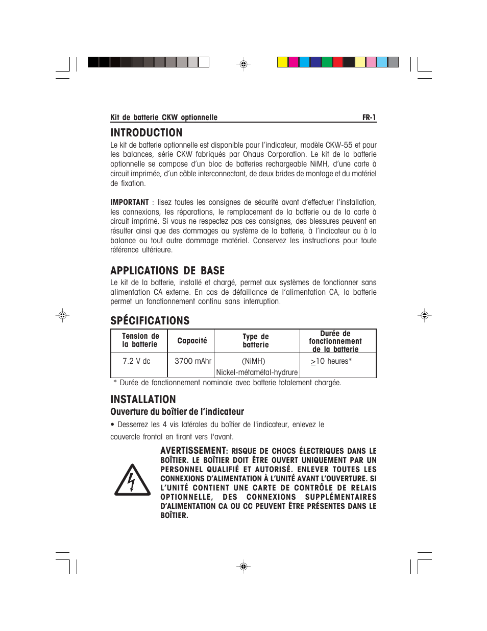 Introduction, Applications de base, Spécifications | Installation | Ohaus CKW WASHDOWN CHECKWEIGHING SCALES_INDICATOR Battery Option Kit Manual multi User Manual | Page 21 / 48