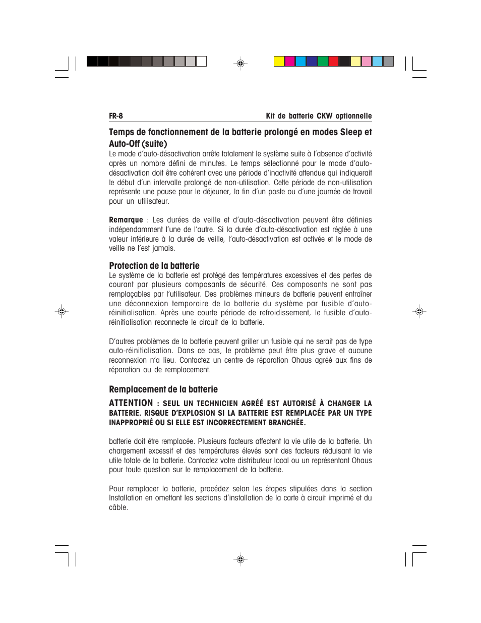 Protection de la batterie, Remplacement de la batterie attention | Ohaus CKW WASHDOWN CHECKWEIGHING SCALES_INDICATOR Battery Option Kit Manual multi User Manual | Page 28 / 48