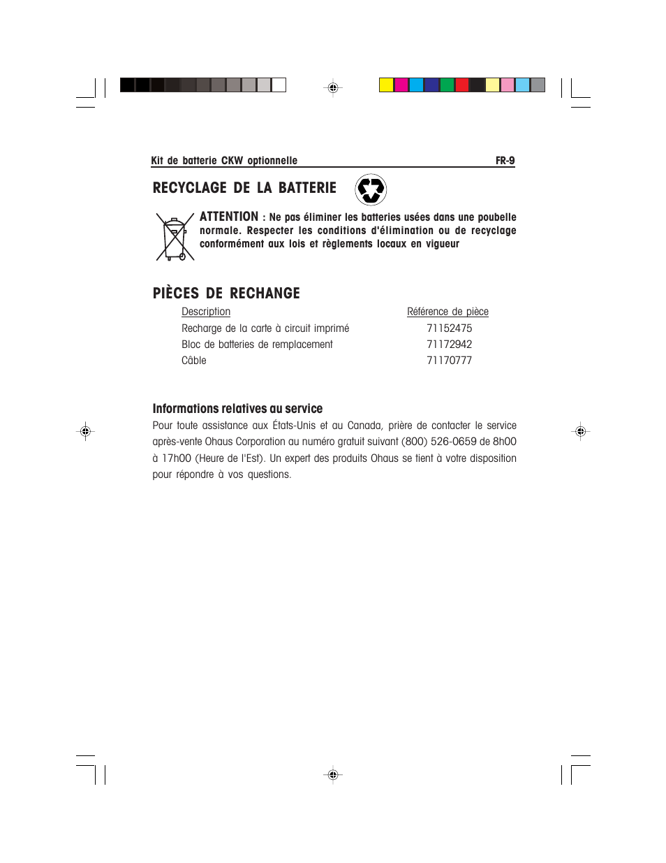 Recyclage de la batterie, Pièces de rechange | Ohaus CKW WASHDOWN CHECKWEIGHING SCALES_INDICATOR Battery Option Kit Manual multi User Manual | Page 29 / 48
