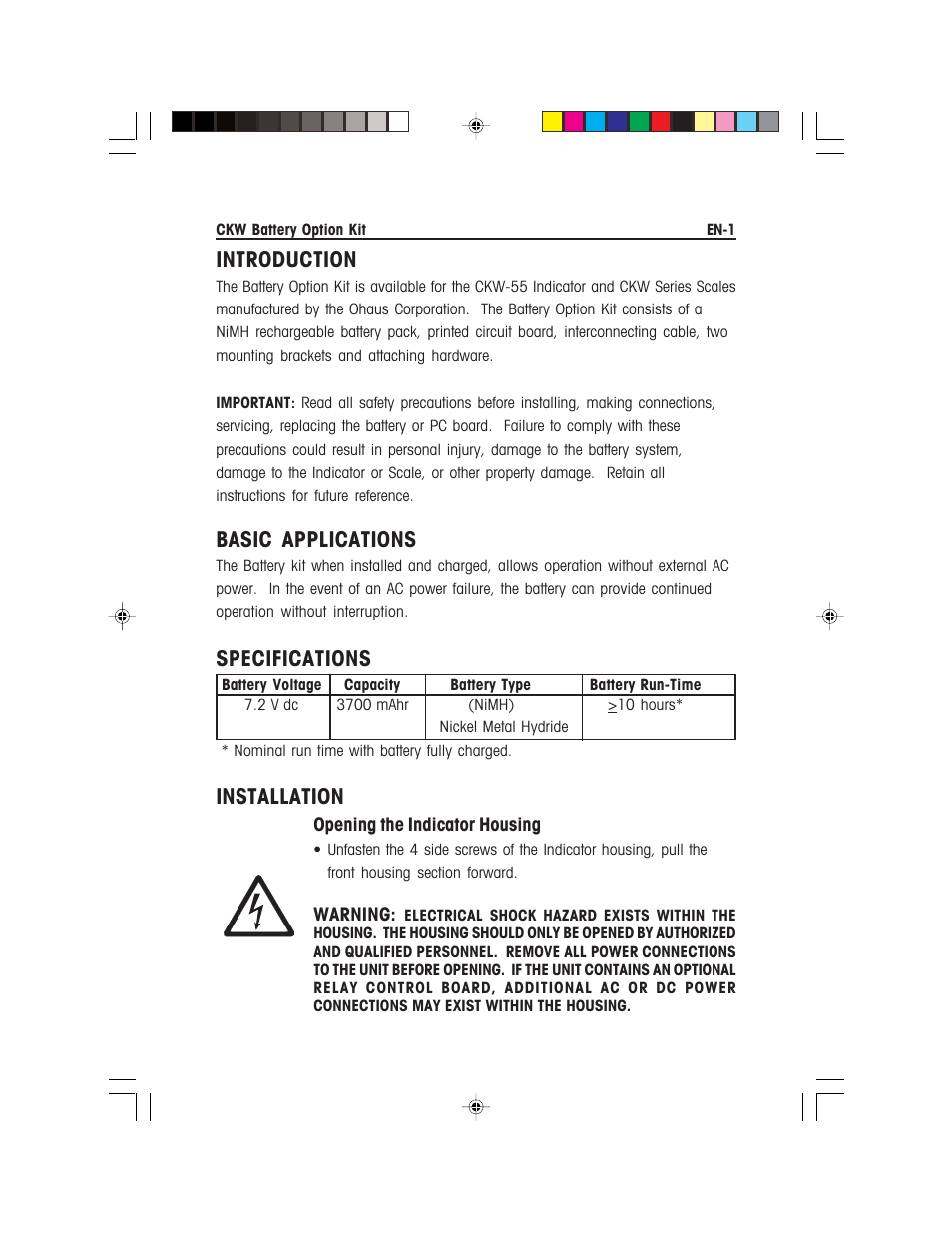 Introduction, Basic applications, Specifications | Installation | Ohaus CKW WASHDOWN CHECKWEIGHING SCALES_INDICATOR Battery Option Kit Manual multi User Manual | Page 3 / 48