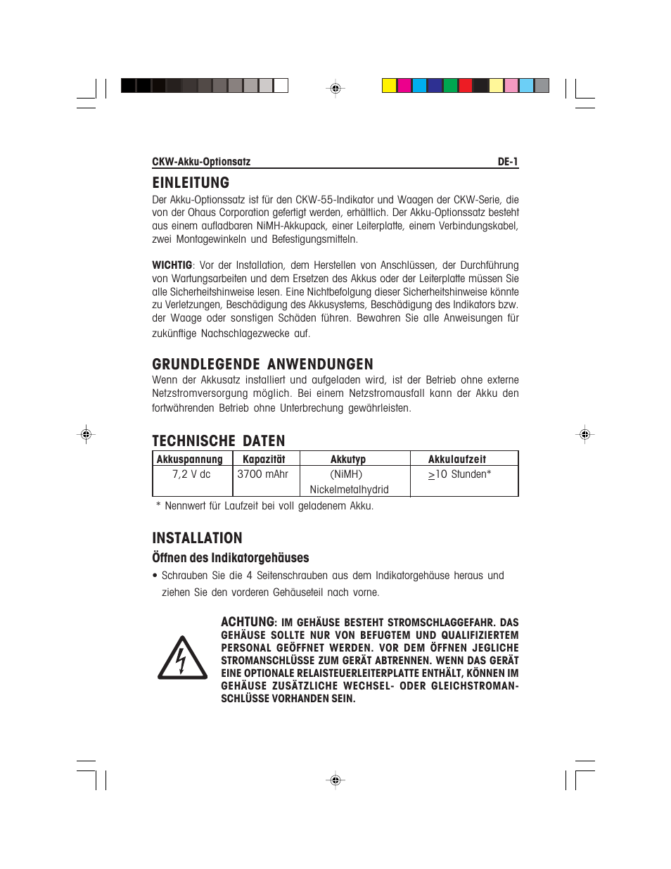 Einleitung, Grundlegende anwendungen, Technische daten | Installation | Ohaus CKW WASHDOWN CHECKWEIGHING SCALES_INDICATOR Battery Option Kit Manual multi User Manual | Page 30 / 48