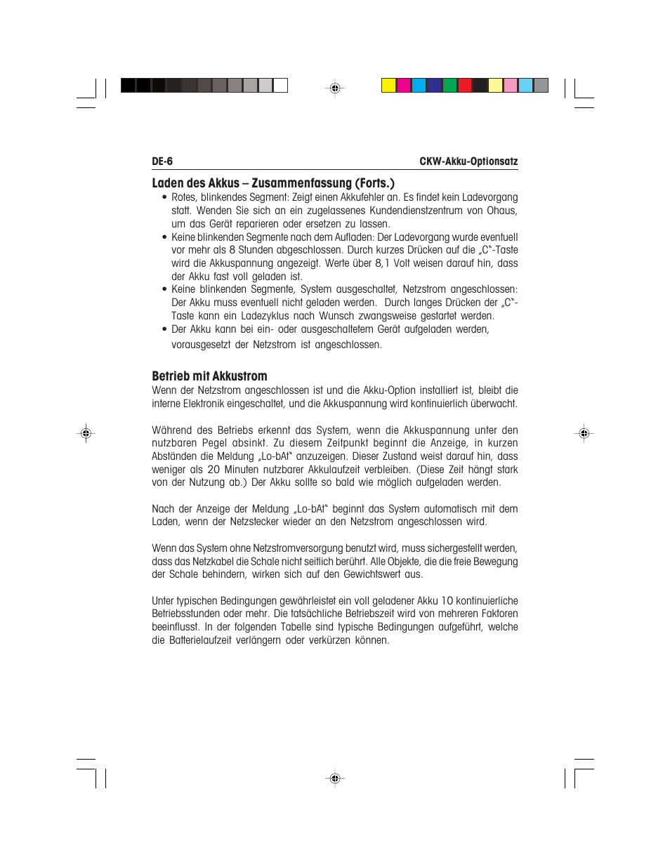 Laden des akkus – zusammenfassung (forts.), Betrieb mit akkustrom | Ohaus CKW WASHDOWN CHECKWEIGHING SCALES_INDICATOR Battery Option Kit Manual multi User Manual | Page 35 / 48