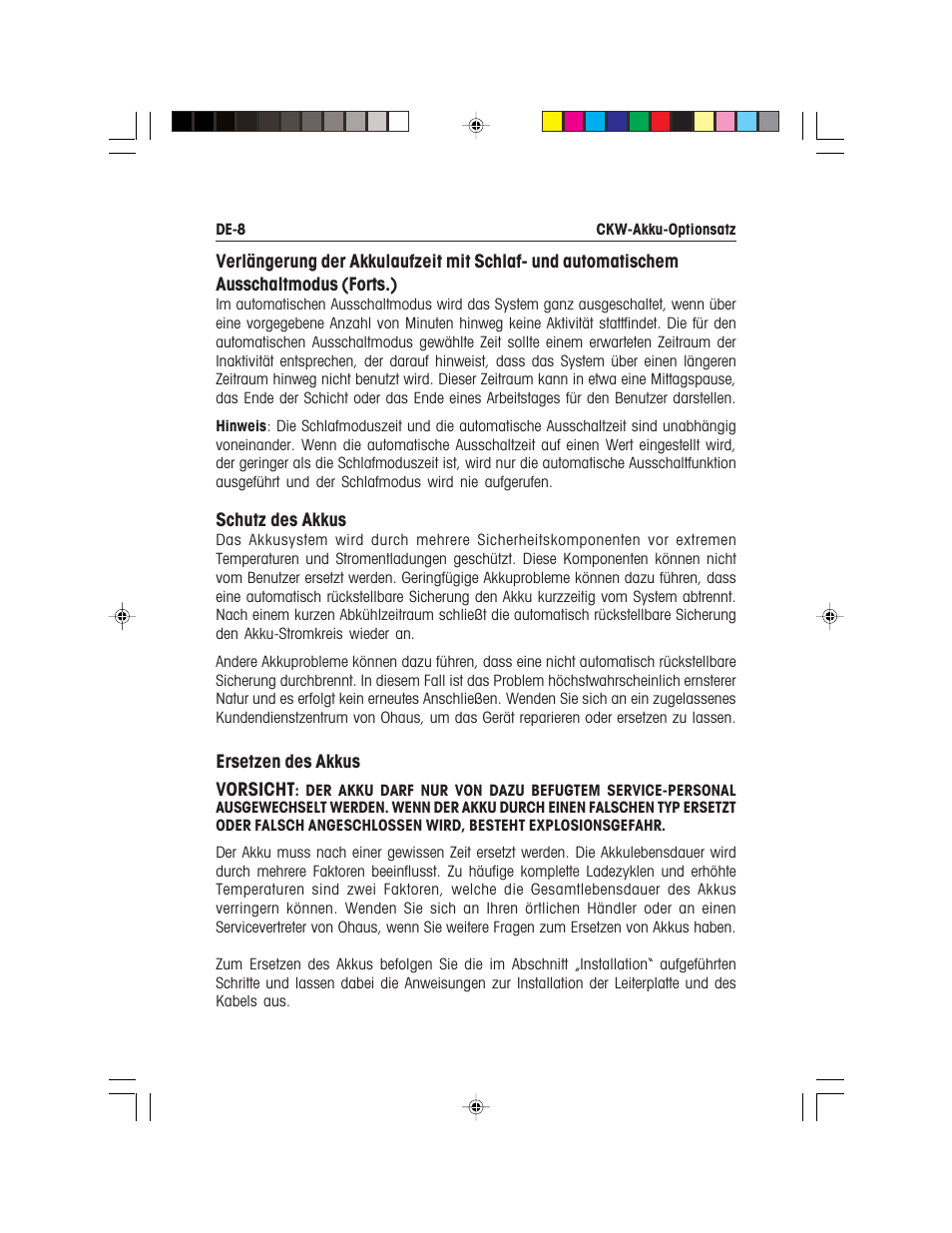 Schutz des akkus, Ersetzen des akkus vorsicht | Ohaus CKW WASHDOWN CHECKWEIGHING SCALES_INDICATOR Battery Option Kit Manual multi User Manual | Page 37 / 48