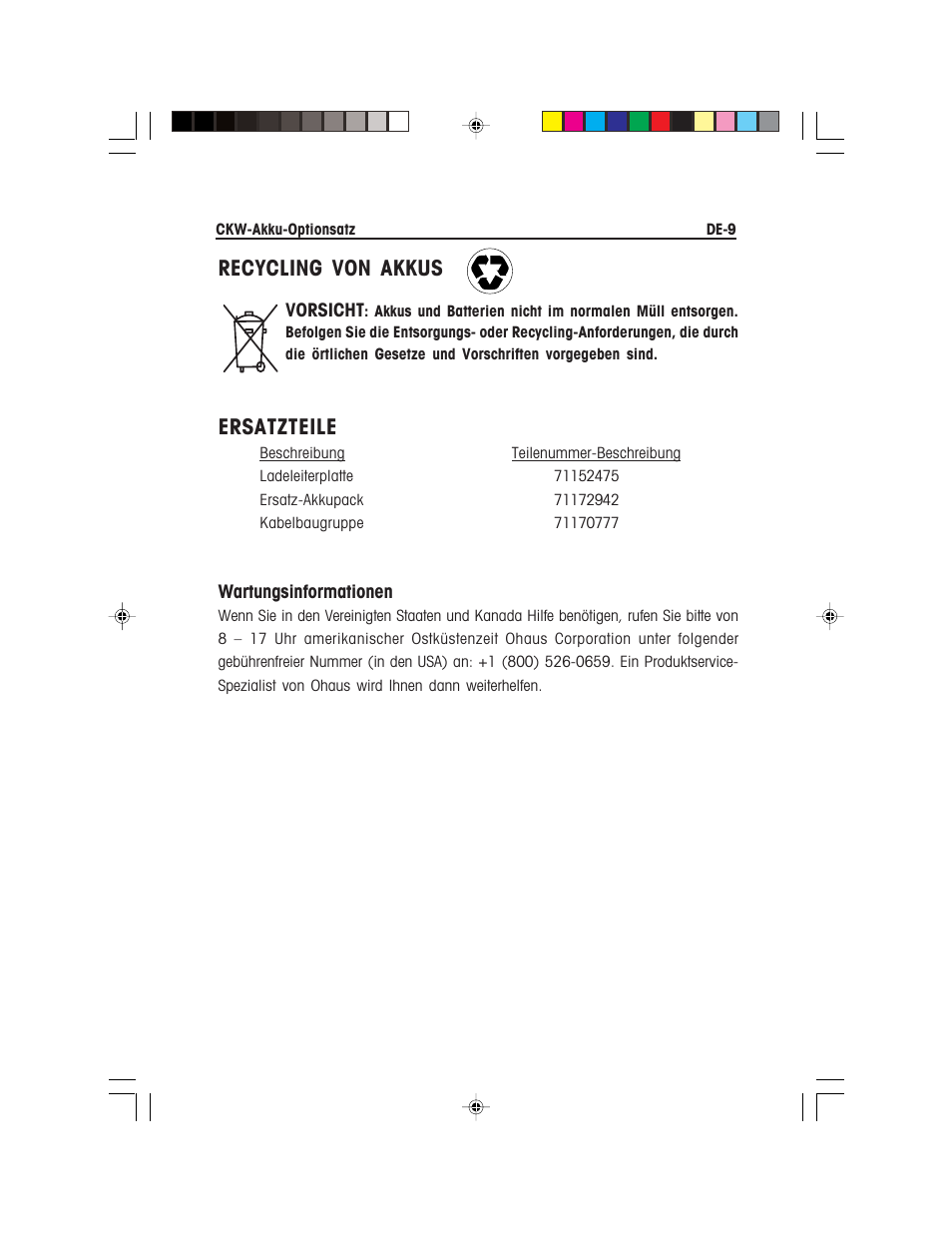 Recycling von akkus, Ersatzteile | Ohaus CKW WASHDOWN CHECKWEIGHING SCALES_INDICATOR Battery Option Kit Manual multi User Manual | Page 38 / 48