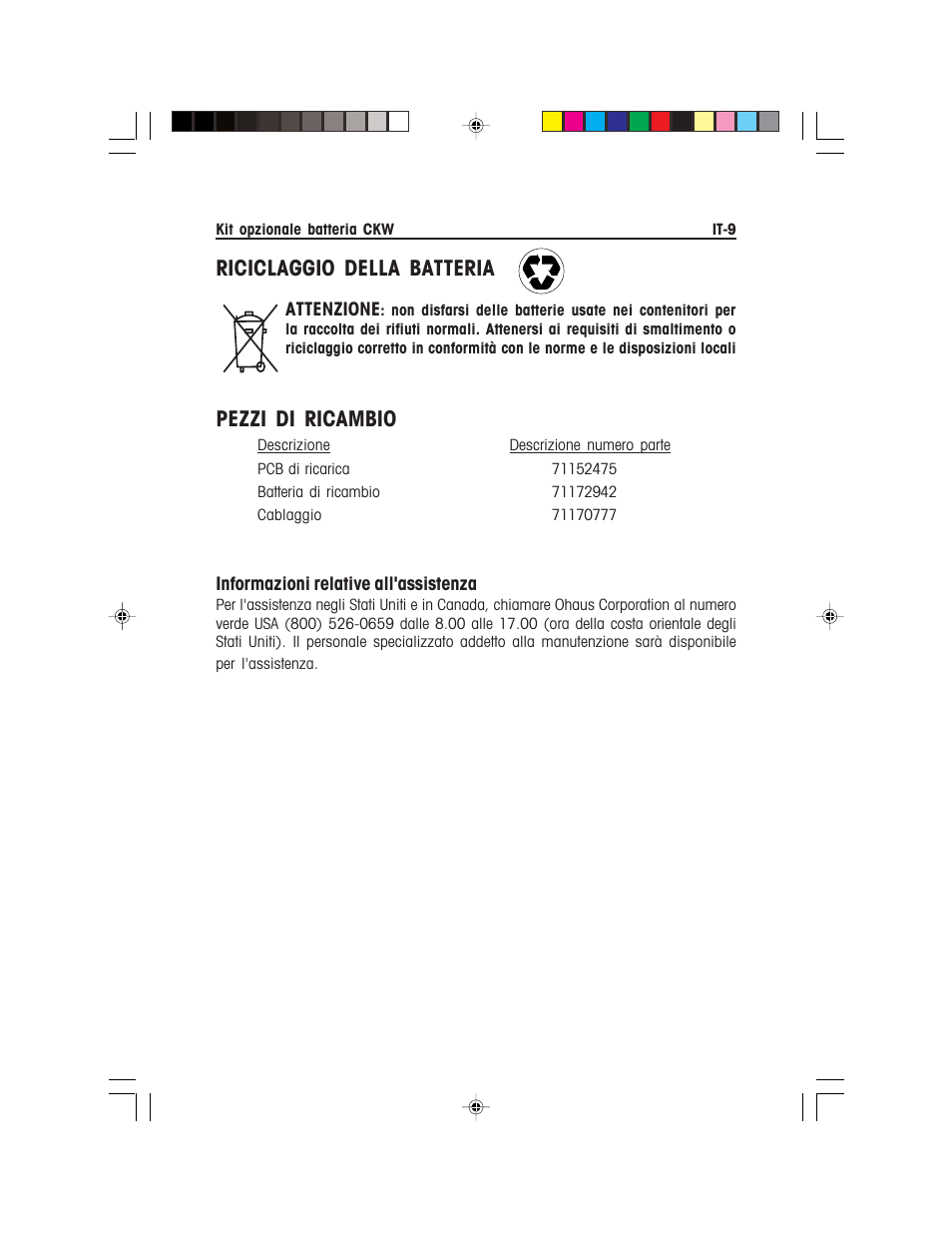 Riciclaggio della batteria, Pezzi di ricambio | Ohaus CKW WASHDOWN CHECKWEIGHING SCALES_INDICATOR Battery Option Kit Manual multi User Manual | Page 47 / 48