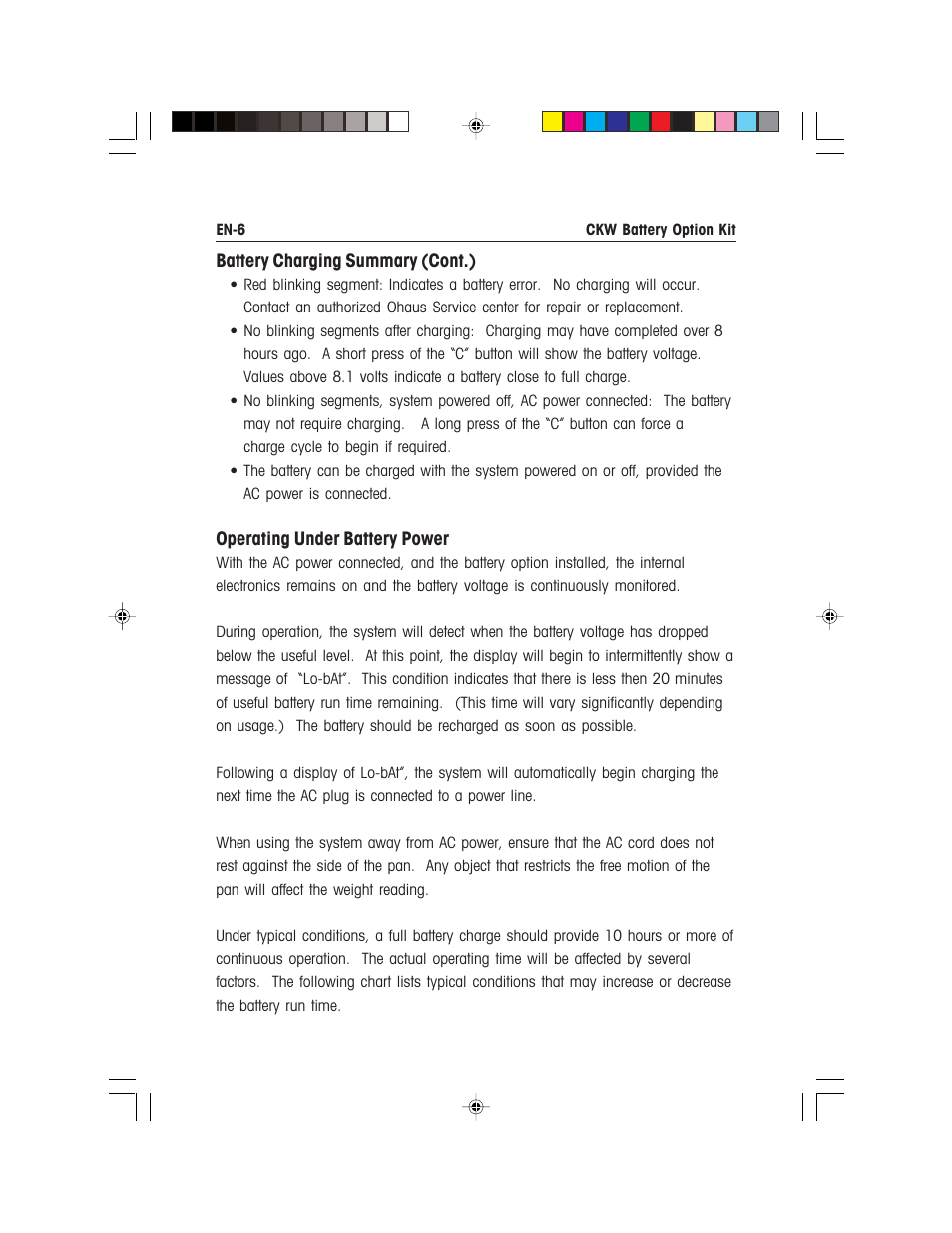 Battery charging summary (cont.), Operating under battery power | Ohaus CKW WASHDOWN CHECKWEIGHING SCALES_INDICATOR Battery Option Kit Manual multi User Manual | Page 8 / 48