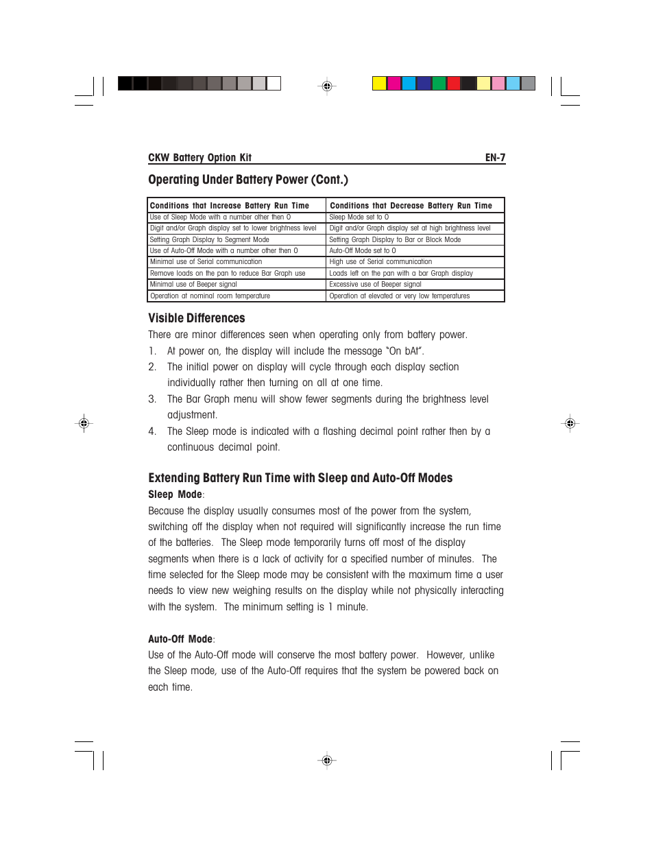 Visible differences, Operating under battery power (cont.) | Ohaus CKW WASHDOWN CHECKWEIGHING SCALES_INDICATOR Battery Option Kit Manual multi User Manual | Page 9 / 48