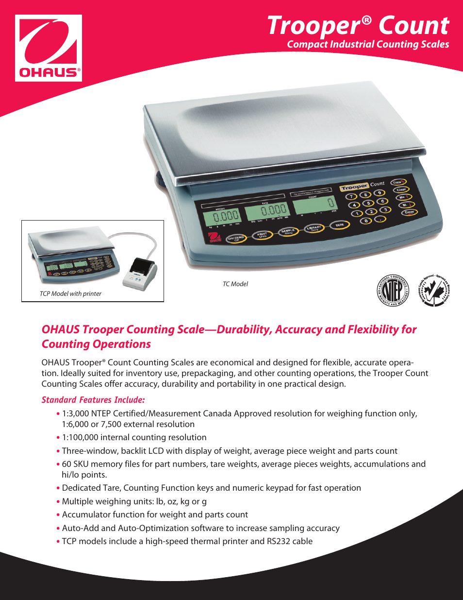Ohaus TROOPER COMPACT COUNTING SCALES Data Sheet User Manual | 4 pages