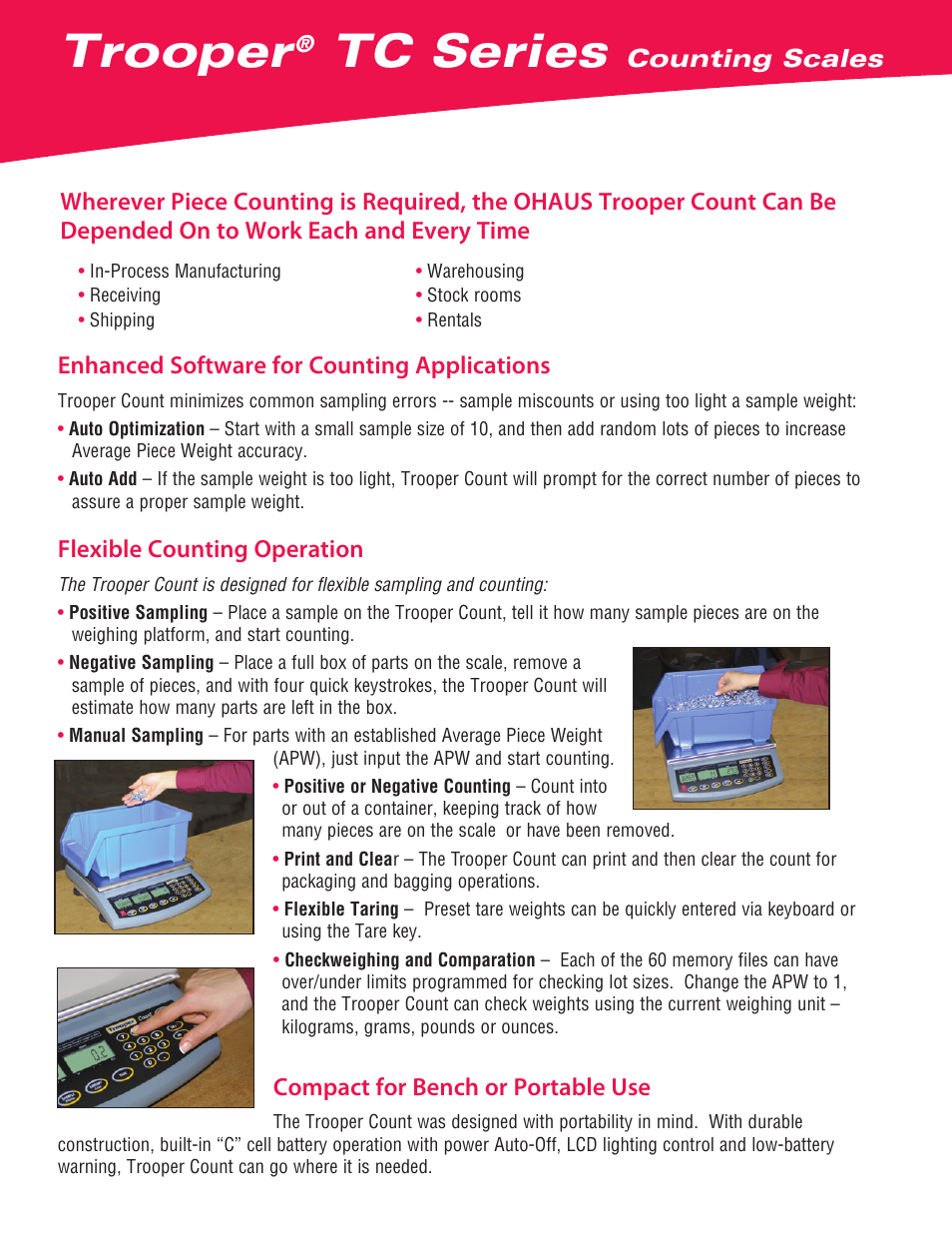 Trooper, Tc series, Counting scales | Enhanced software for counting applications, Flexible counting operation, Compact for bench or portable use | Ohaus TROOPER COMPACT COUNTING SCALES Data Sheet User Manual | Page 2 / 4