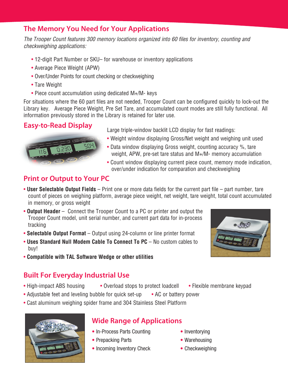 Easy-to-read display print or output to your pc, Built for everyday industrial use, Wide range of applications | Ohaus TROOPER COMPACT COUNTING SCALES Data Sheet User Manual | Page 3 / 4