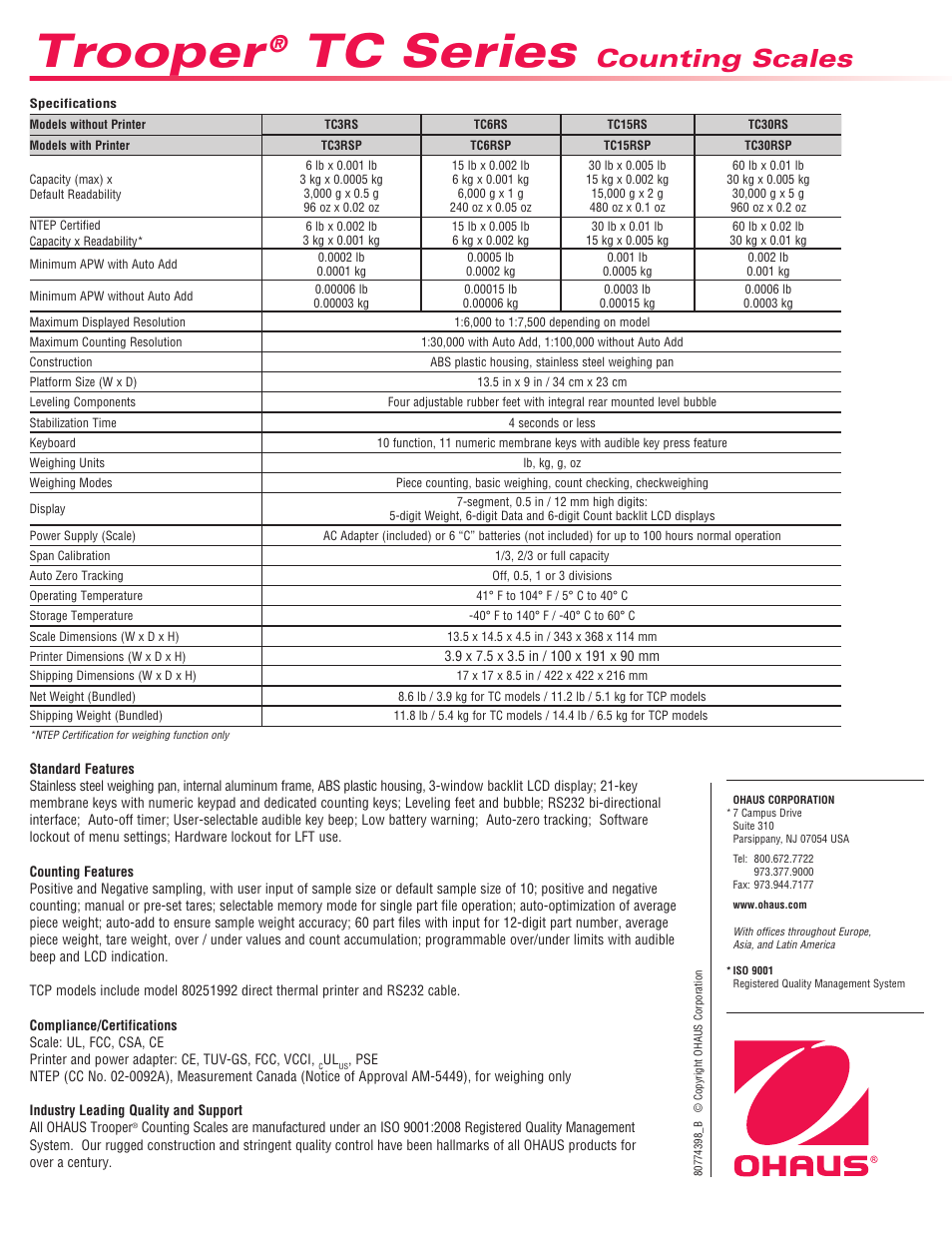 Trooper, Tc series, Counting scales | Ohaus TROOPER COMPACT COUNTING SCALES Data Sheet User Manual | Page 4 / 4