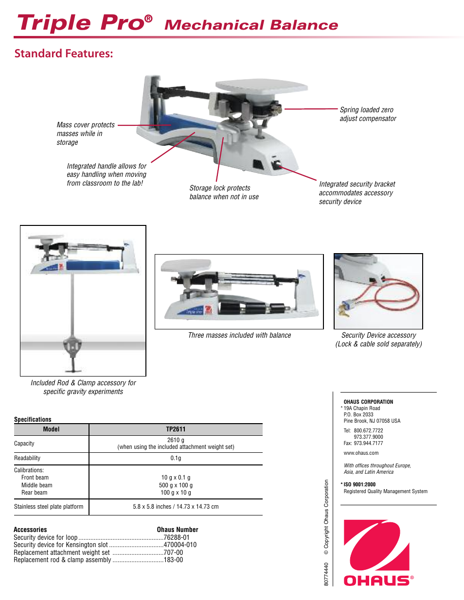 Triple pro, Mechanical balance, Standard features | Ohaus TRIPLE PRO MECHANICAL BALANCES Data Sheet User Manual | Page 2 / 2