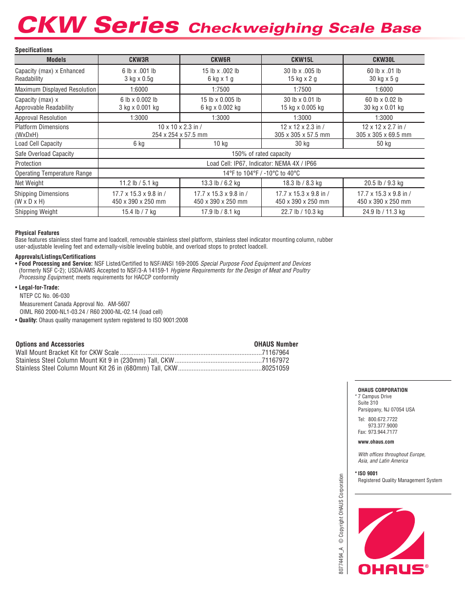 Ckw series, Checkweighing scale base | Ohaus CKW Series Checkweighing Scale Base Data Sheet User Manual | Page 2 / 2