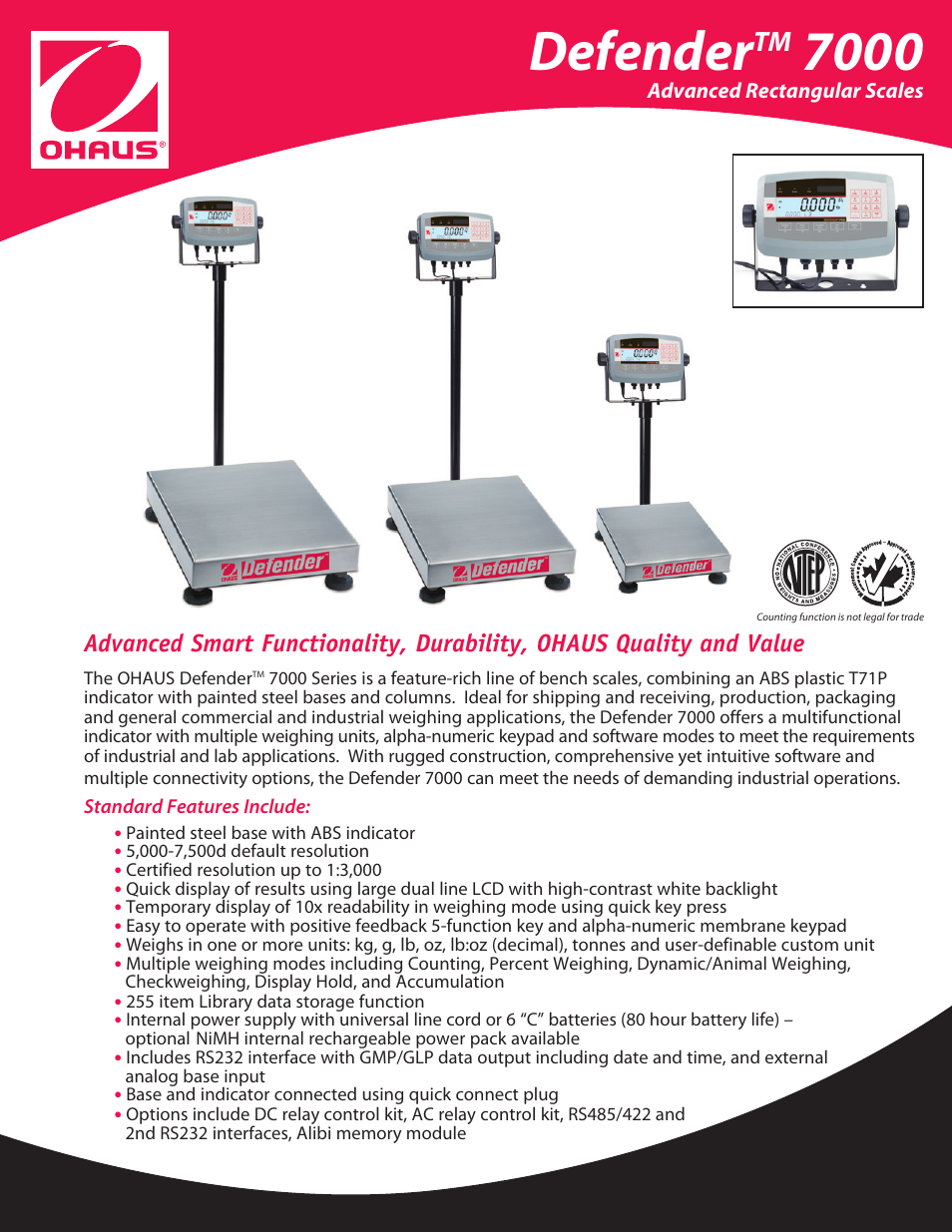 Ohaus DEFENDER 7000 Rectangular Scales Data Sheet User Manual | 4 pages