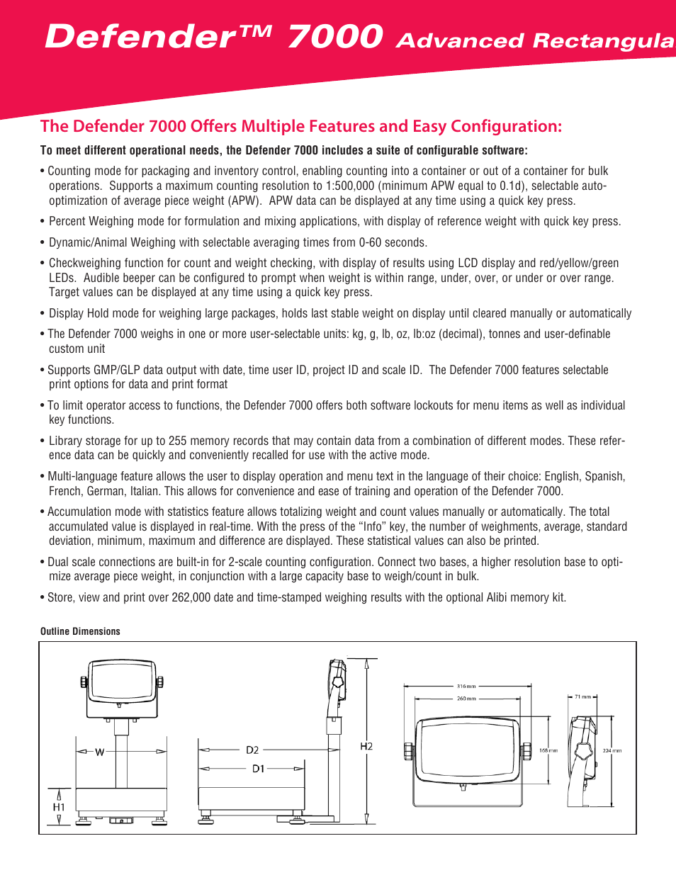 Defender, Advanced rectangular scales | Ohaus DEFENDER 7000 Rectangular Scales Data Sheet User Manual | Page 2 / 4