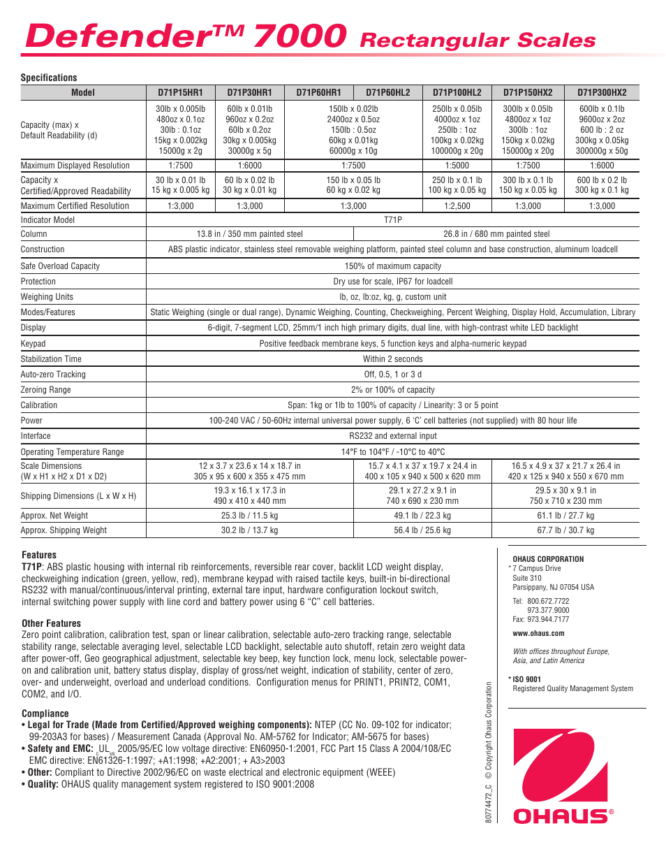 Defender, Rectangular scales | Ohaus DEFENDER 7000 Rectangular Scales Data Sheet User Manual | Page 4 / 4