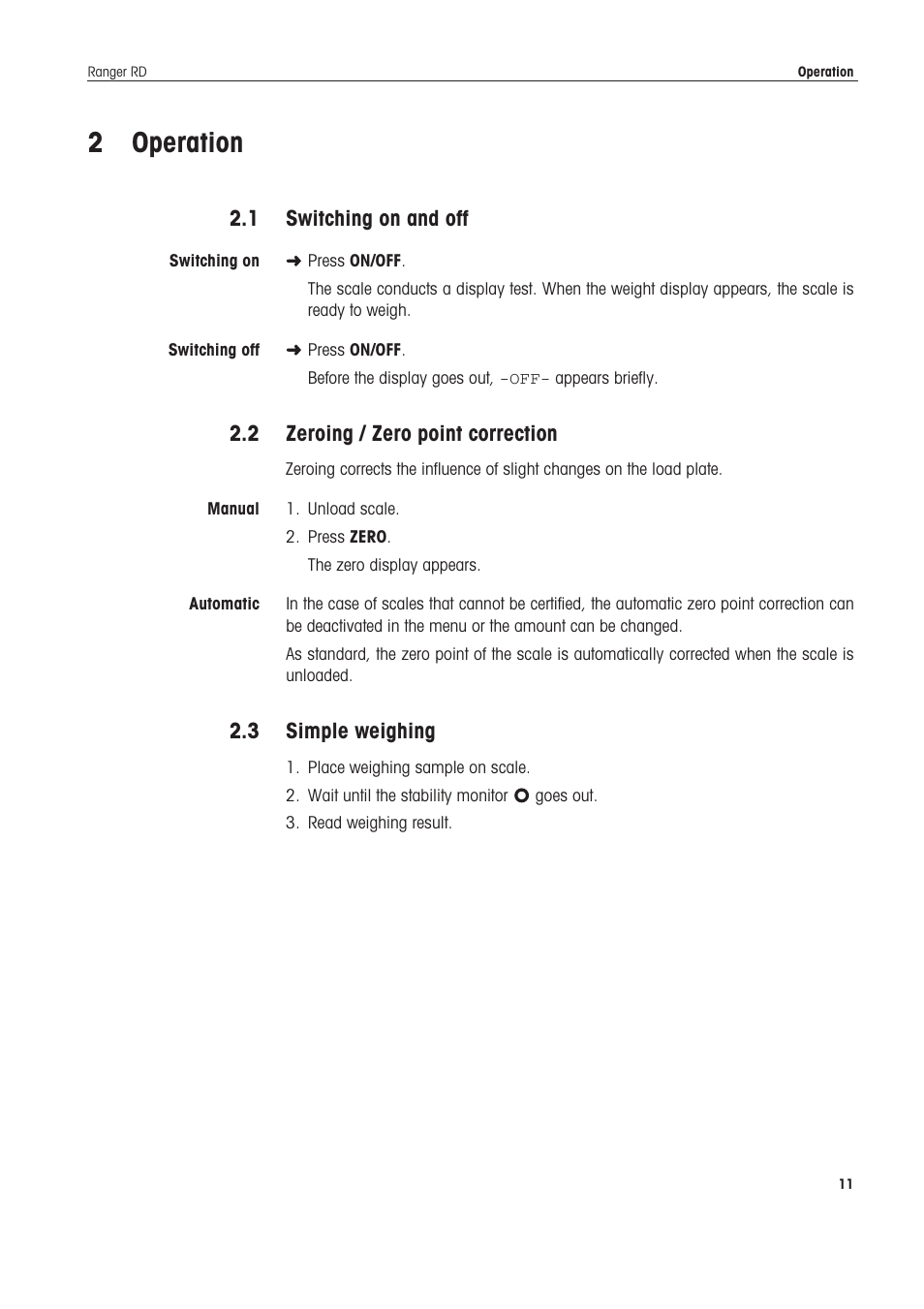 Peration, 3witching, Eroing | 3imple | Ohaus RANGER COMPACT HIGH RESOLUTION SCALES Manual en User Manual | Page 11 / 54