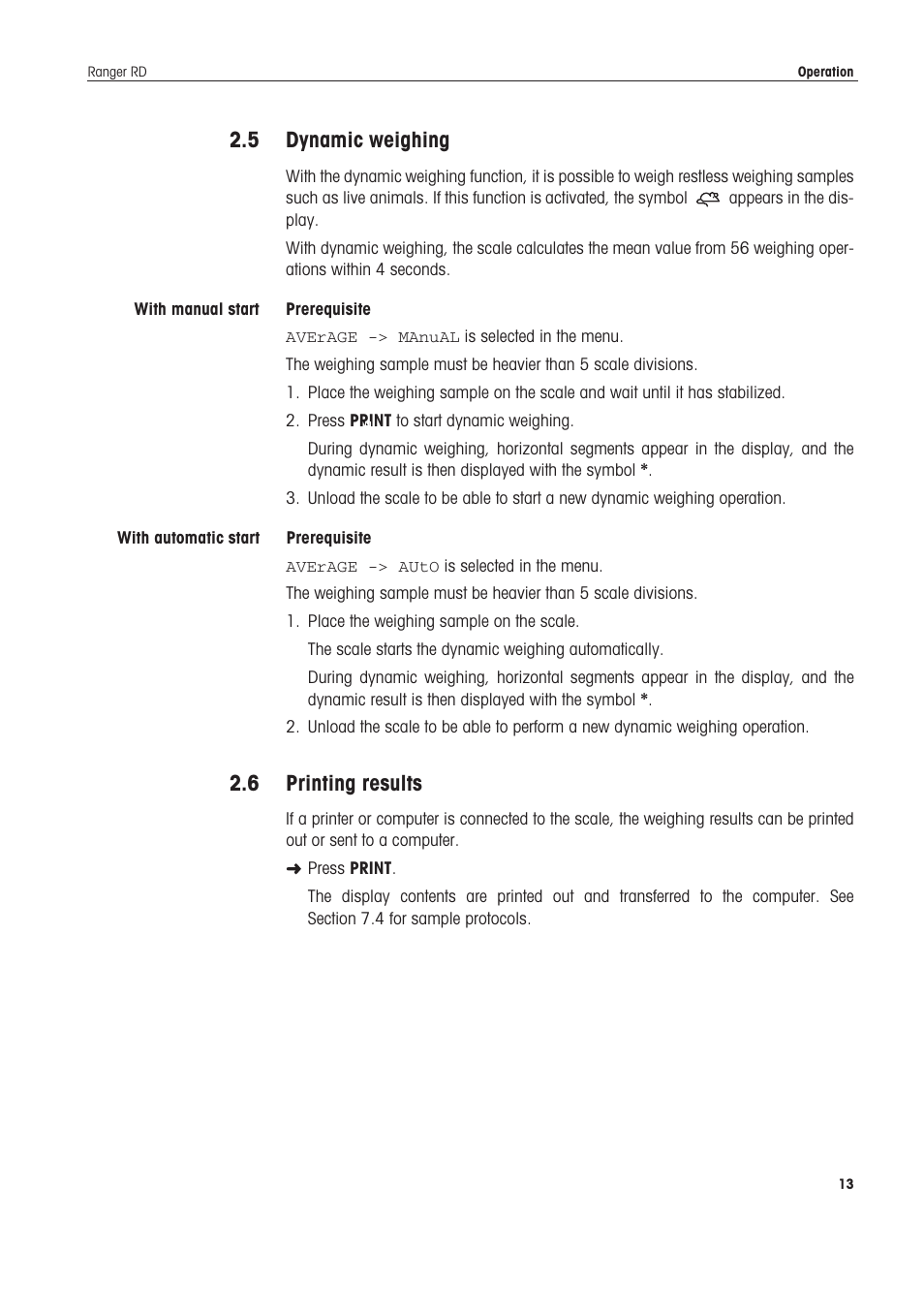 Ynamic, 0rinting | Ohaus RANGER COMPACT HIGH RESOLUTION SCALES Manual en User Manual | Page 13 / 54