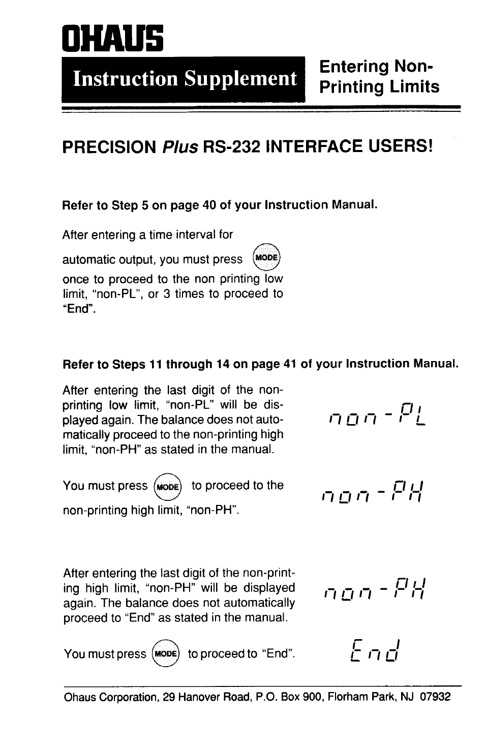 Supplement - entering non printing limits | Ohaus TP Series Electronic Balance User Manual | Page 53 / 116
