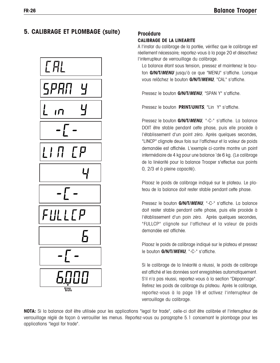 Balance trooper, Calibrage et plombage (suite) | Ohaus TROOPER COMPACT SCALES Manual multi User Manual | Page 100 / 112