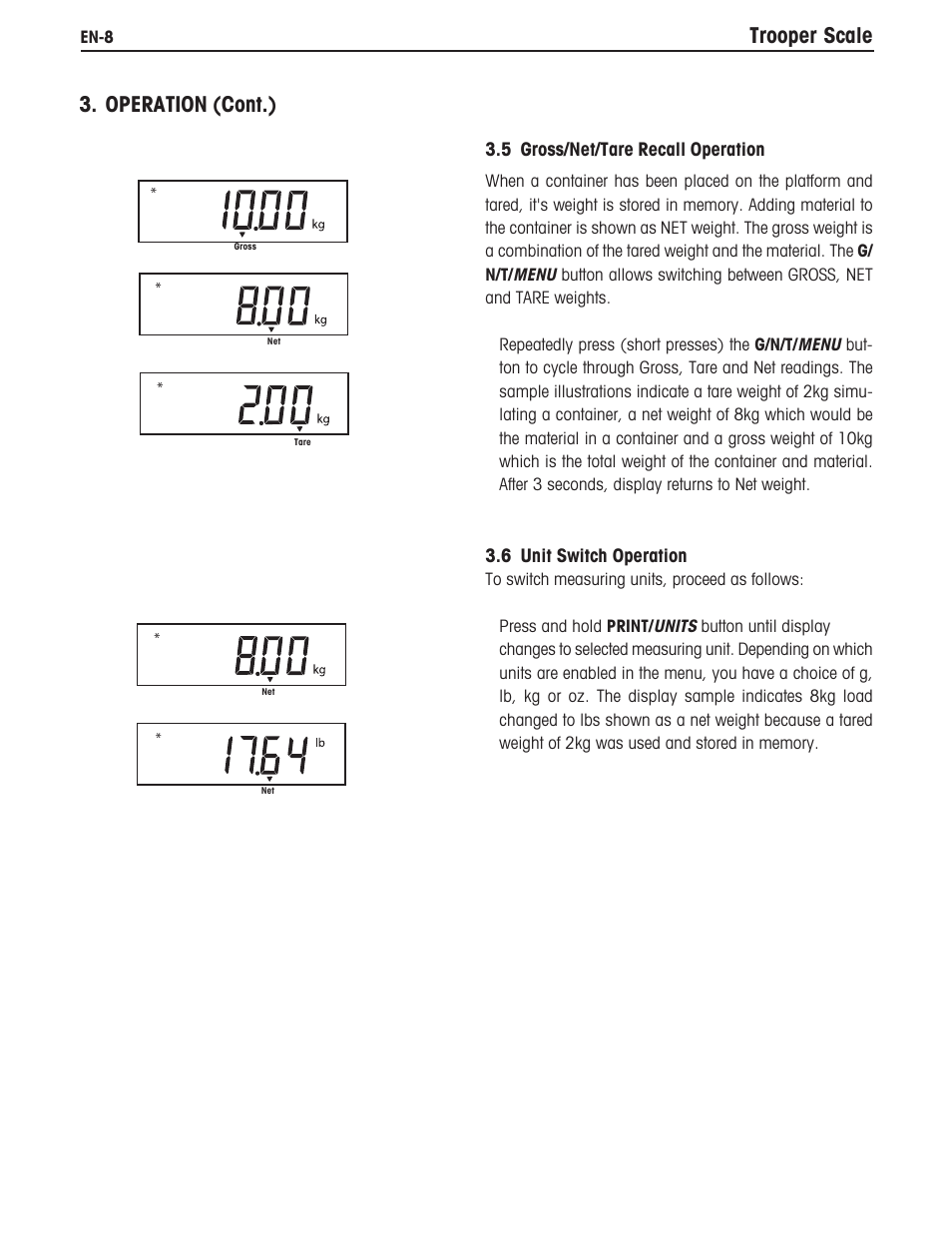 Trooper scale 3. operation (cont.) | Ohaus TROOPER COMPACT SCALES Manual multi User Manual | Page 14 / 112