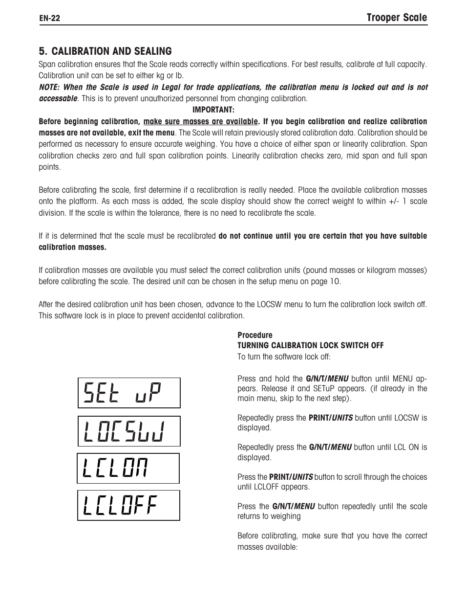 Trooper scale 5. calibration and sealing | Ohaus TROOPER COMPACT SCALES Manual multi User Manual | Page 28 / 112