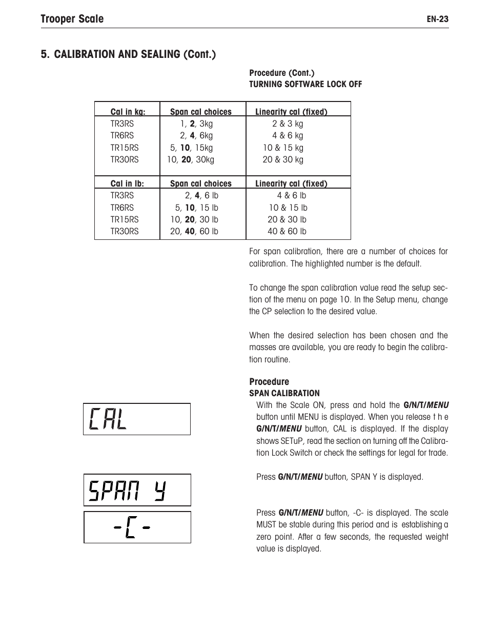 Trooper scale, Calibration and sealing (cont.) | Ohaus TROOPER COMPACT SCALES Manual multi User Manual | Page 29 / 112