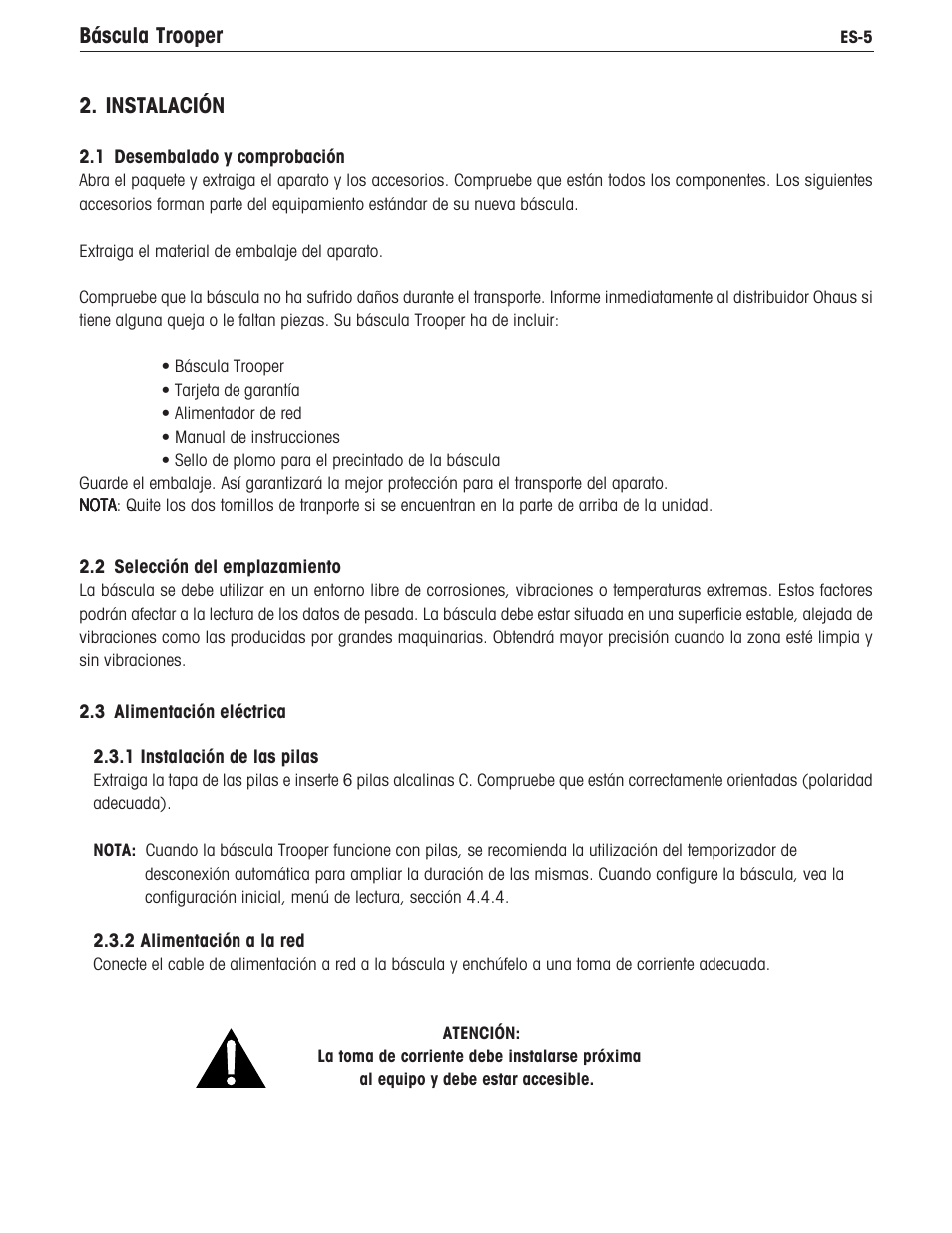 Báscula trooper, Instalación | Ohaus TROOPER COMPACT SCALES Manual multi User Manual | Page 45 / 112