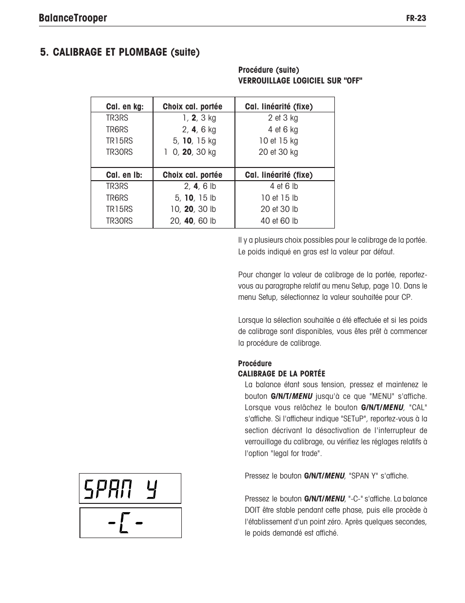 Balancetrooper, Calibrage et plombage (suite) | Ohaus TROOPER COMPACT SCALES Manual multi User Manual | Page 97 / 112