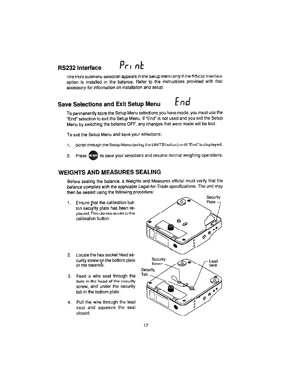 Rs232 interface, Save selections and exiting setup menu, Weights and measures sealing | Ohaus CT Series ELECTRONIC BALANCE User Manual | Page 106 / 145