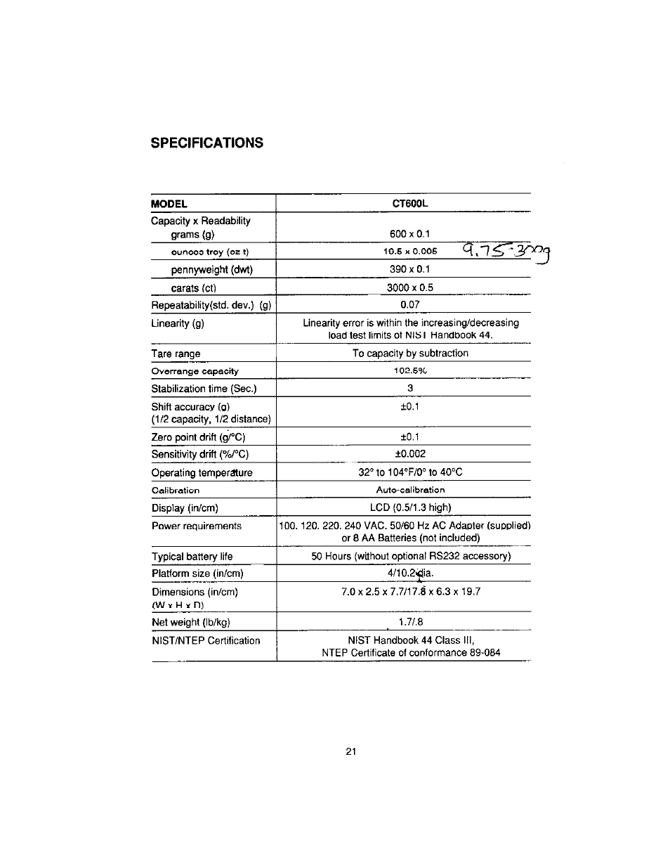 Specifications | Ohaus CT Series ELECTRONIC BALANCE User Manual | Page 110 / 145